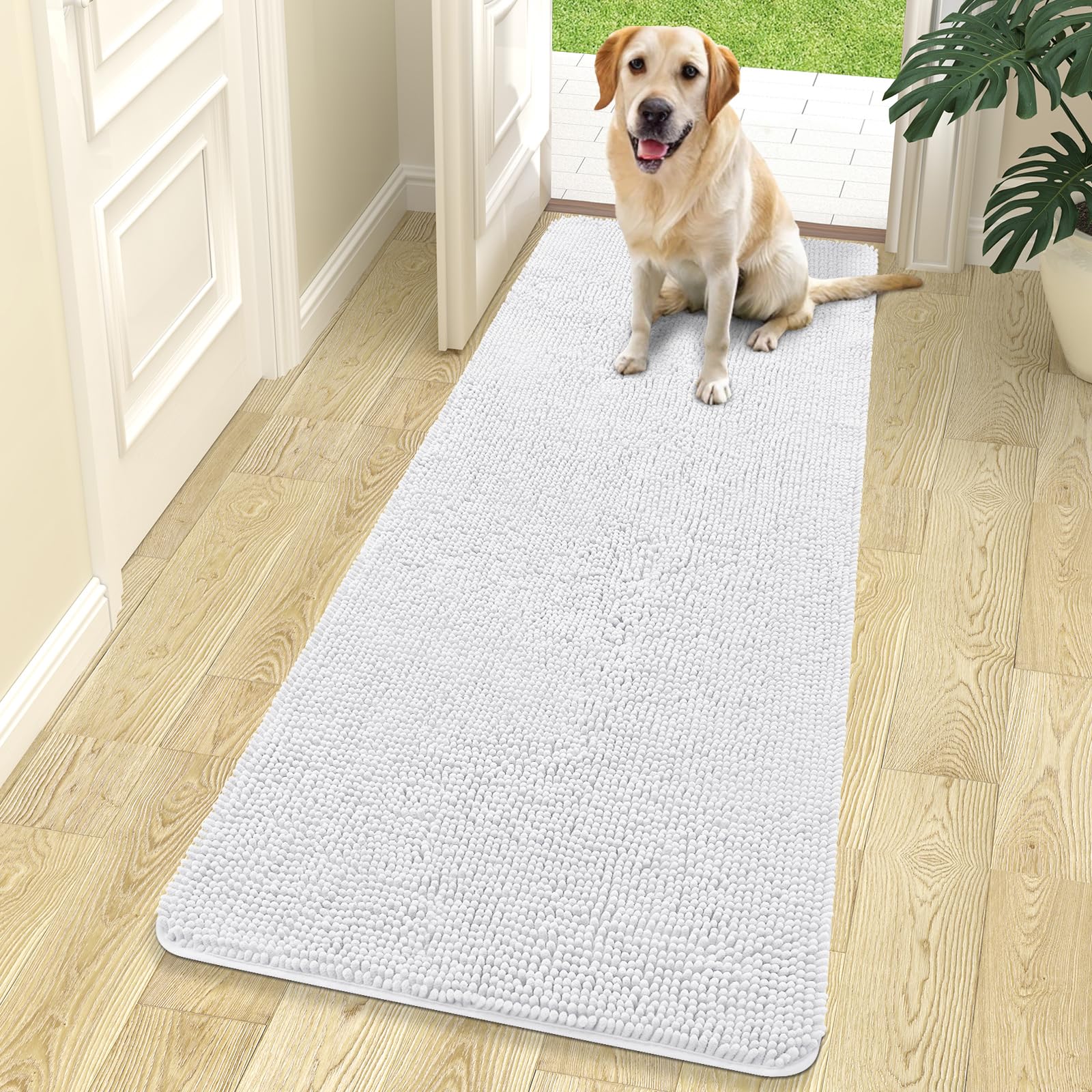 OLANLY Dog Door Mat for Muddy Paws 70x24, Absorbs Moisture and Dirt, Absorbent Non-Slip Washable Doormat, Quick Dry Chenille Mud Mat for Dogs, Entry Indoor Entryway Carpet for Inside Floor, White — image 1
