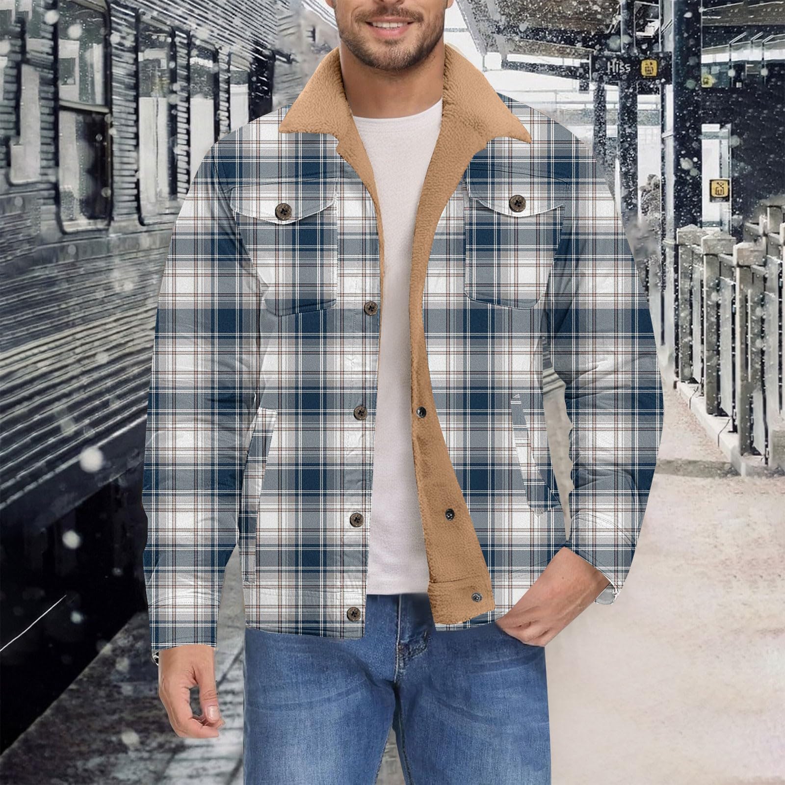Giacca in pile da uomo con colletto a quadri, giacca in pile a scacchi con bottoni, stile retrò, classico, trapuntata, termica, comoda, con tasche per il risvolto, per l'inverno