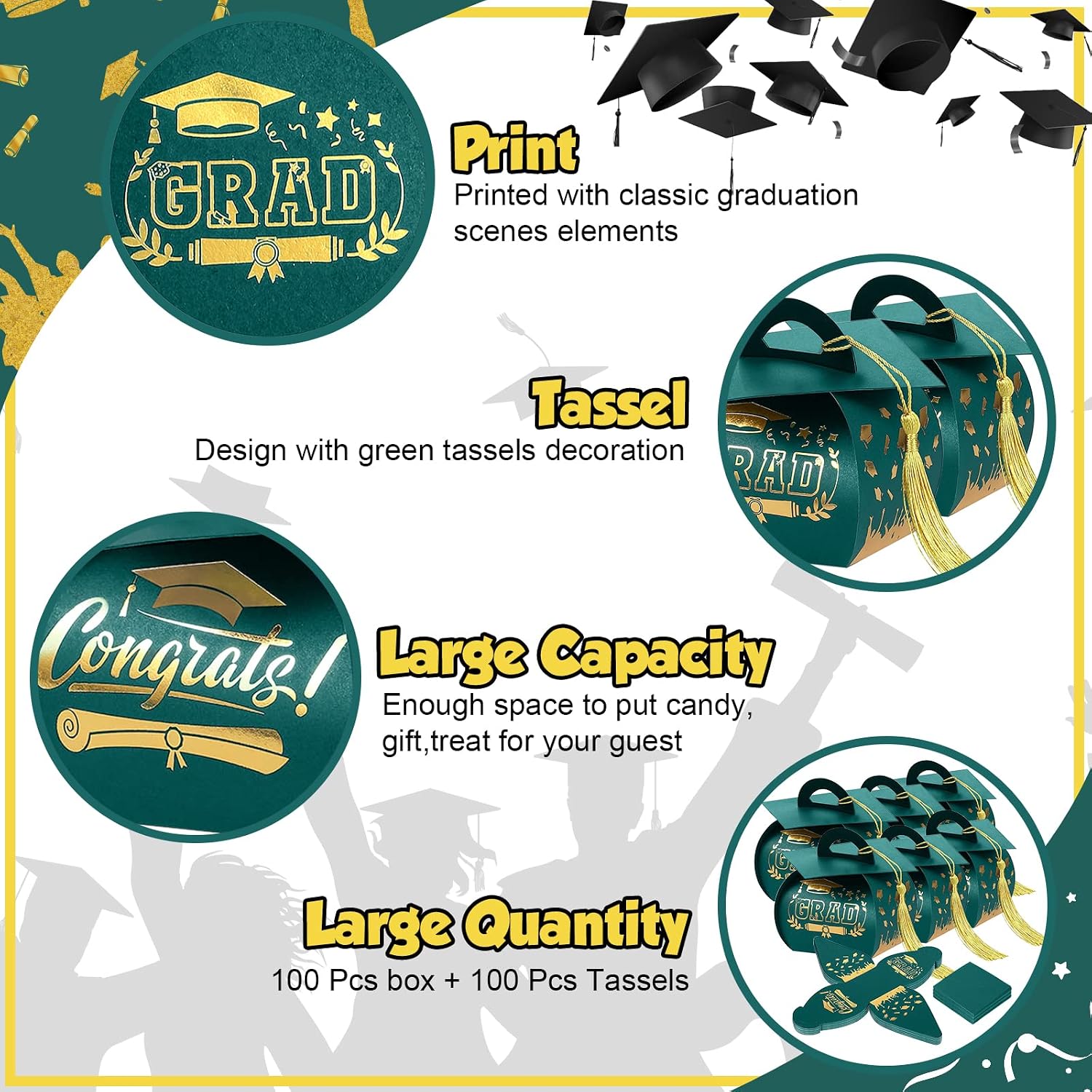 Colarr 100 Pack Graduation Cap Candy Box Graduation Party Favors Grad Gift Box with Gold Tassel Little Souvenir for Guest for Class of 2026 Party Supplies(Green)