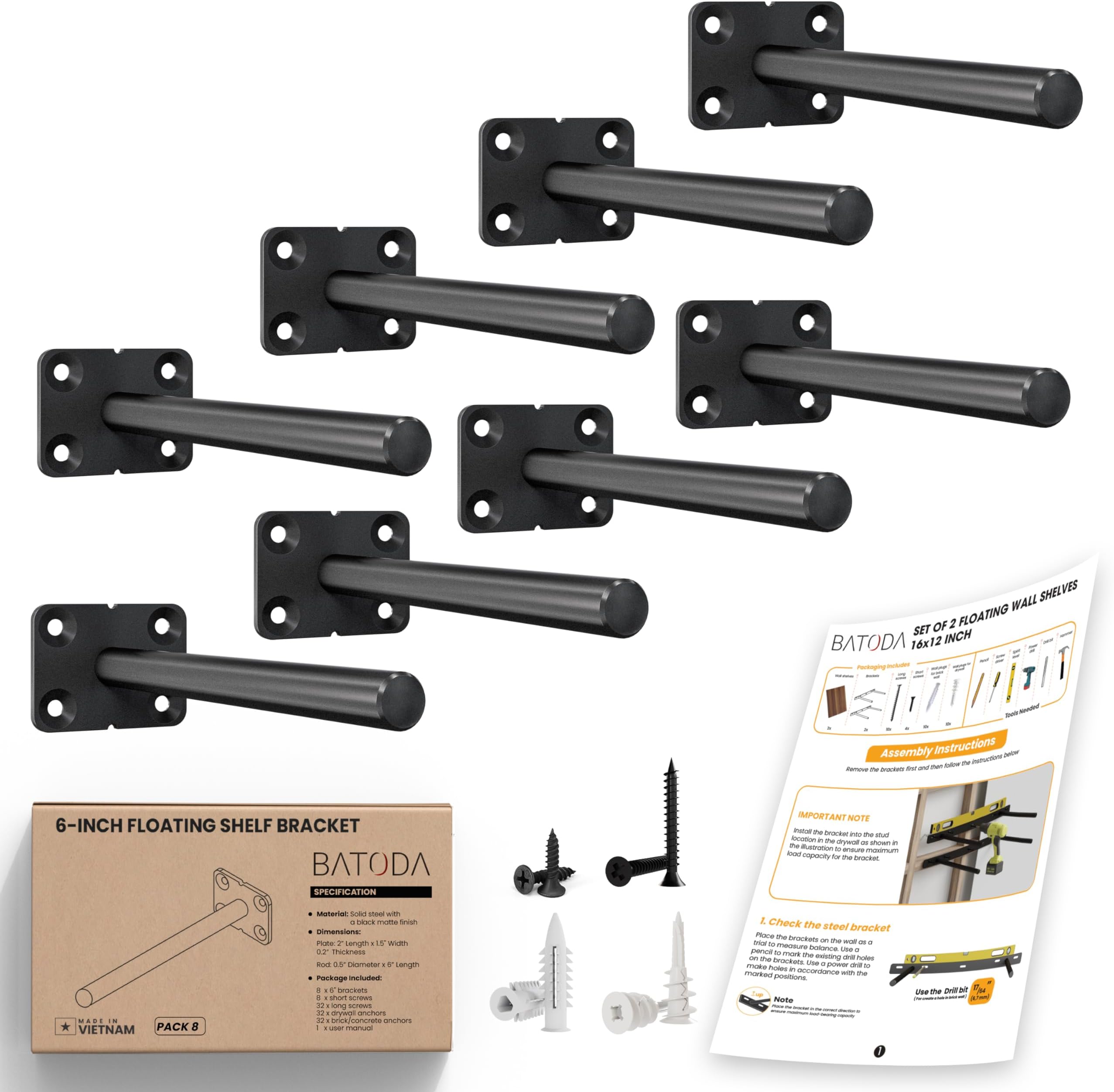 Floating Shelf Bracket (Solid Steel, Galvanized)- Blind Shelf Supports - Hidden Brackets for Floating Wood Shelves - Concealed Blind Support Bracket for any type of shelf - 2 Brackets, Screws Included