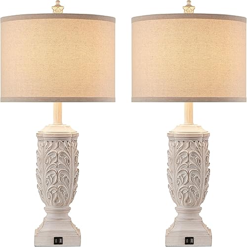 Miniatura 7 de Juego de 2 lámparas de mesa para sala de estar, lámpara de noche de granja con USB C+A para dormitorio, 28.5 pulgadas de alto, lámparas rústicas de