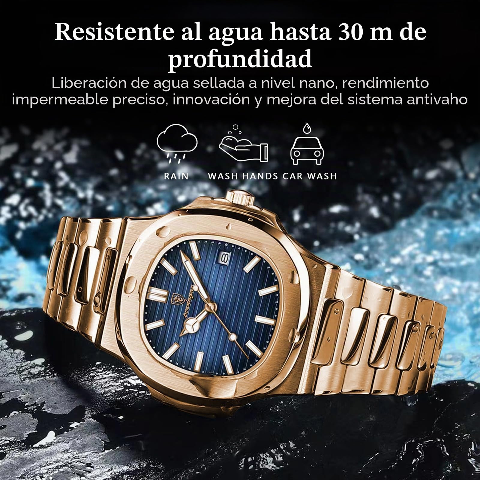 Poedagar Reloj de pulsera para hombre de moda con correa de acero inoxidable y mecanismo de cuarzo, resistente al agua, luminoso, con fecha, cuadrado