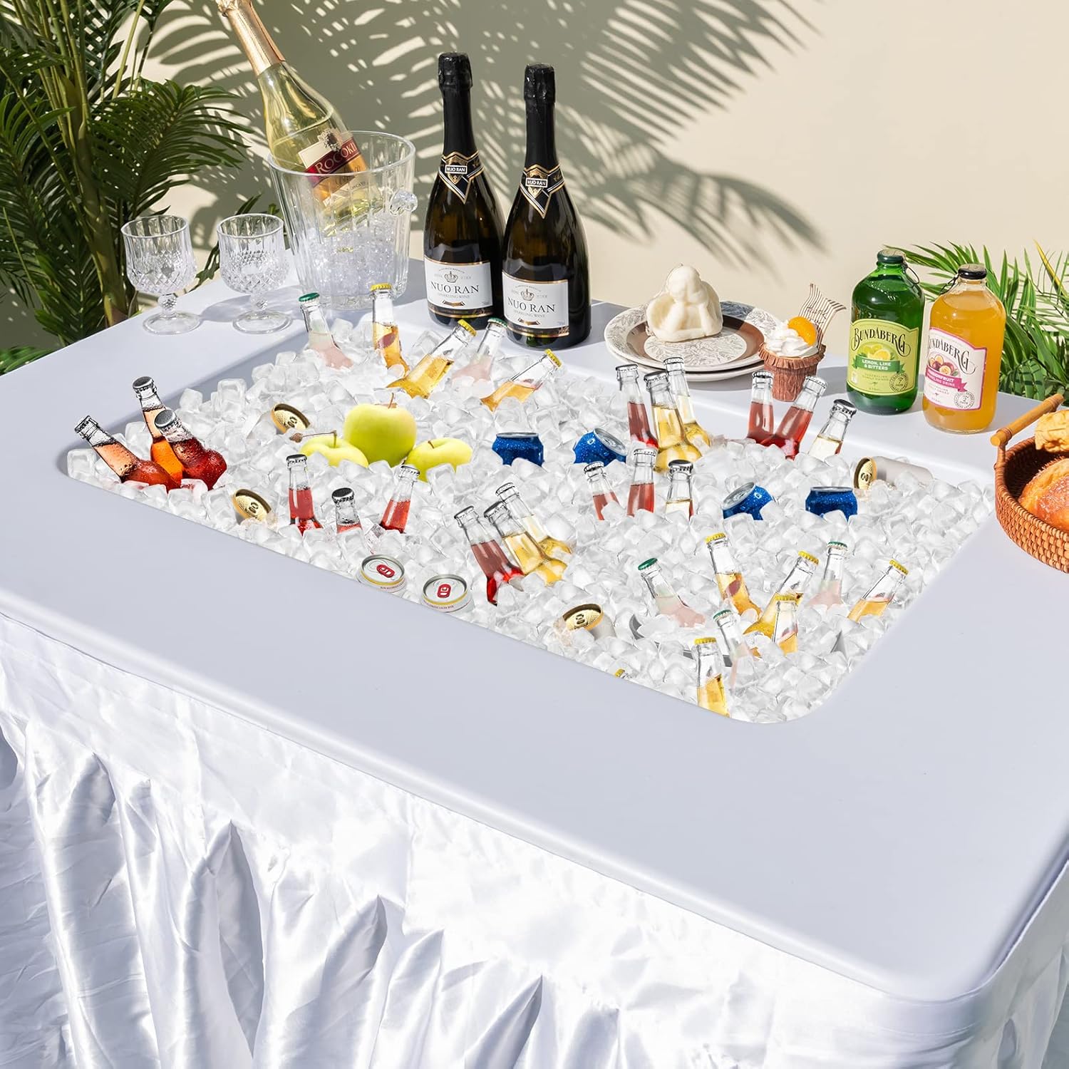 S AFSTAR 4 Foot Folding Ice Table, Buffet Salad Serving Table with Removable Skirt, Drain System & 8" Spacious Edge, Portable Beverage Cooler for Party Camping Picnic Wedding