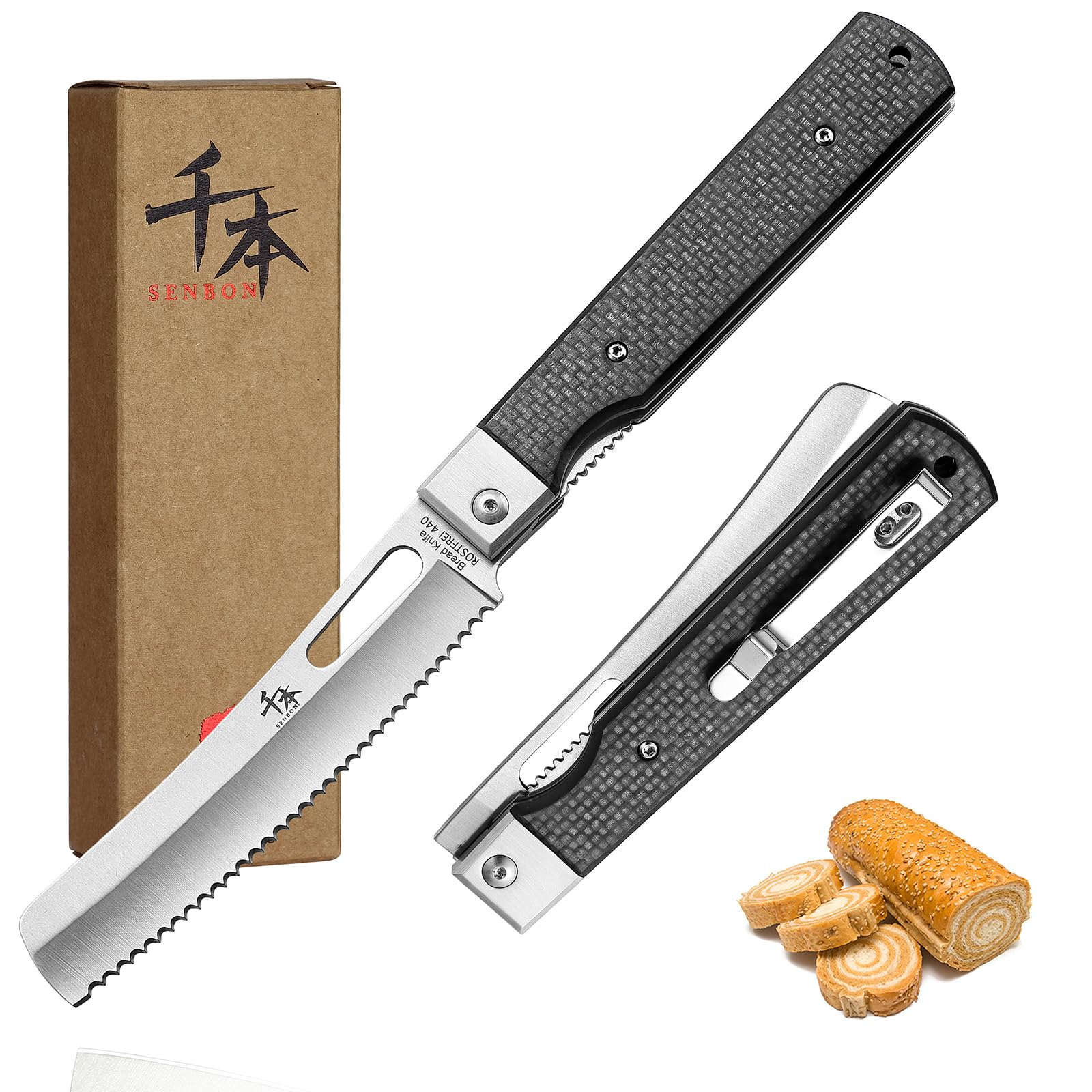 SENBON Couteau à Pain de Camping en Acier Inoxydable - Pliant, Portable, Tranchant Pour Pâtisserie et Voyage - Fibre de Carbone