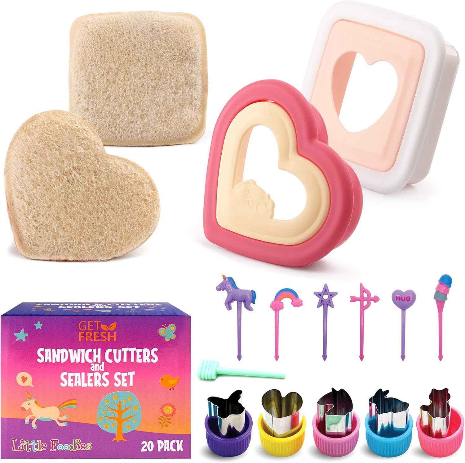 GET FRESH Sandwich Cutters and Sealers for Kids – 20-pcs Sandwich Sealers and Veggie Cutters set for Children – 2 Bread Cutters and Sealers with 5 Vegetable Shapes and 12 Unicorn Food Picks for Kids