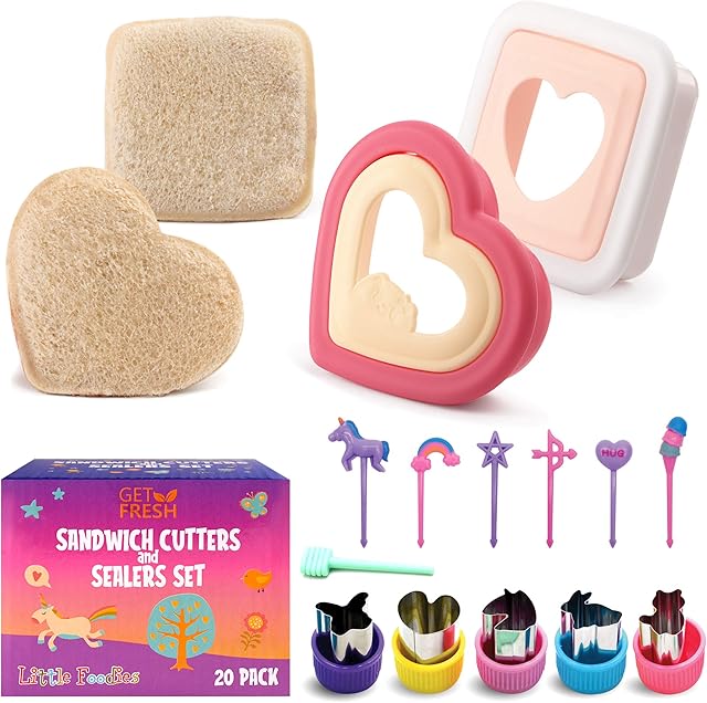 GET FRESH Sandwich Cutters and Sealers for Kids  20-pcs Sandwich Sealers and Veggie Cutters Set for Children 2 Bread Cutters and Sealers with 5 Vegetable Shapes and 12 Unicorn Food Picks for Kids