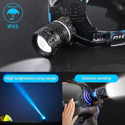 Miniatura 5 de Linterna frontal LED recargable, 1500 lúmenes, súper brillante, con 6 modos y luz de advertencia IPX5, sensor de movimiento ajustable, 60° ajustable