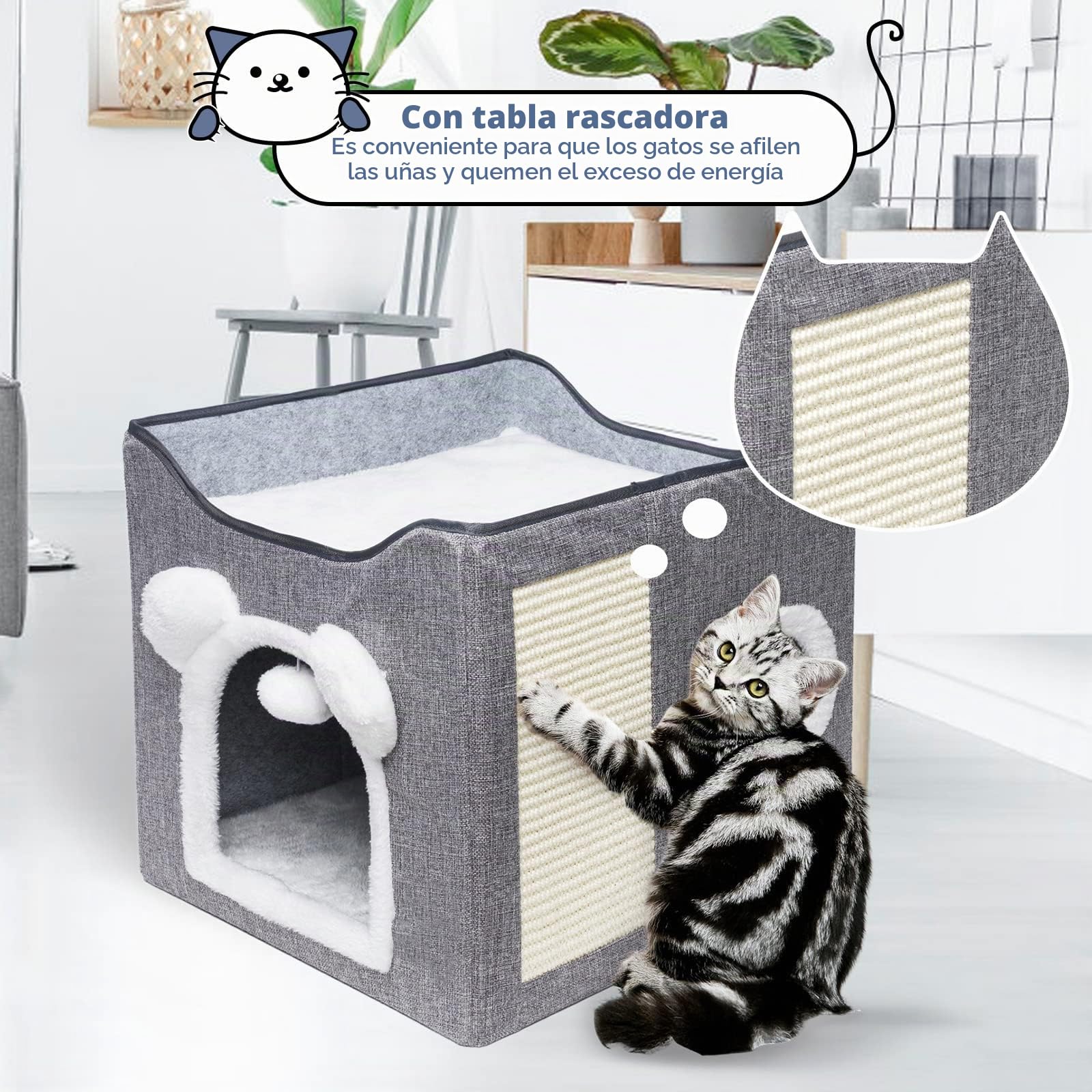 Casa Gatos Interior, Cama para de Interior 40×40×40 cm, diseño con Bola esponjosa Colgante y Alfombra para rascar, escondite Plegable para (Gris)