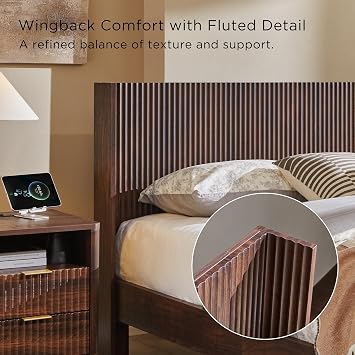 T4TREAM Fluted King Bed with Headboard and Storage Bench, Dark Walnut