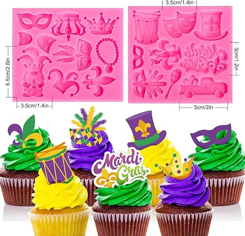 Miniatura 2 de Whaline 2 moldes de fondant de Mardi Gras para mascarada máscara de plumas de corona de flor de lis con patrón de molde de silicona 3D molde de