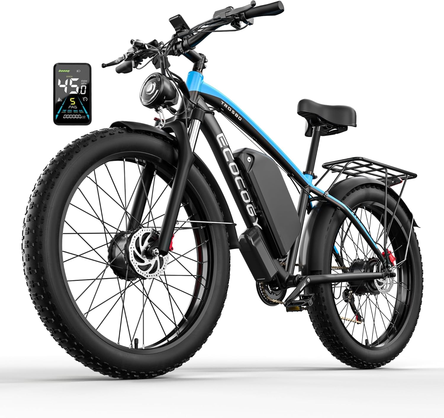 Dual Motor Electric Bikes for Adults, 5000W Peak Ebikes, 52V 32Ah, Max 40-45MPH &100 Miles E-Bike, Hydraulic Disc Brake, 26" Fat Tire Off Road Snow Mountain E-Bikes, 7-Speed Pedal Assist Bicycle