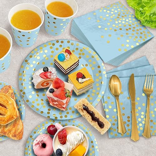 Miniatura 2 de 175 piezas de decoraciones de fiesta azules y doradas, sirve 25 platos de papel azules, suministros de fiesta, tenedores de plástico dorado,