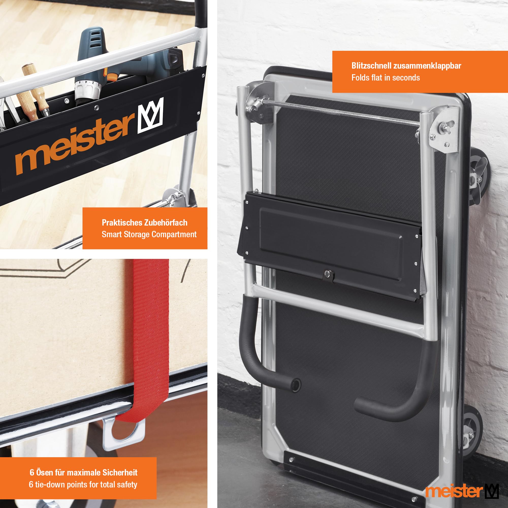 Meister Plattformwagen "cut-off" - Klappbar - Bis 300 kg Tragkraft - Feststellbremse / Transporthilfe mit Lenkrollen / Paketwagen mit Antirutsch-Beschichtung / Klappwagen aus Stahl / 8985630