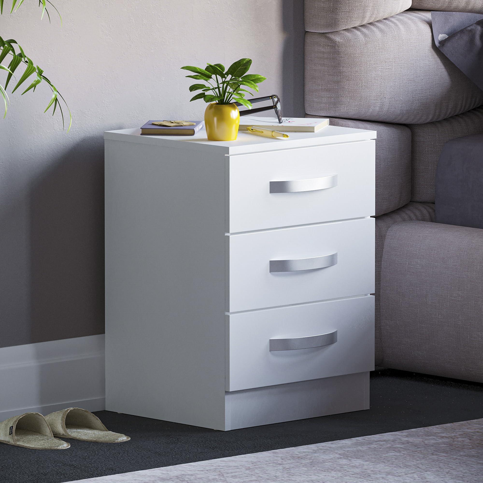 Vida Designs High Gloss Bedside Tables, Nightstand Side Table (White, 3 Drawer)