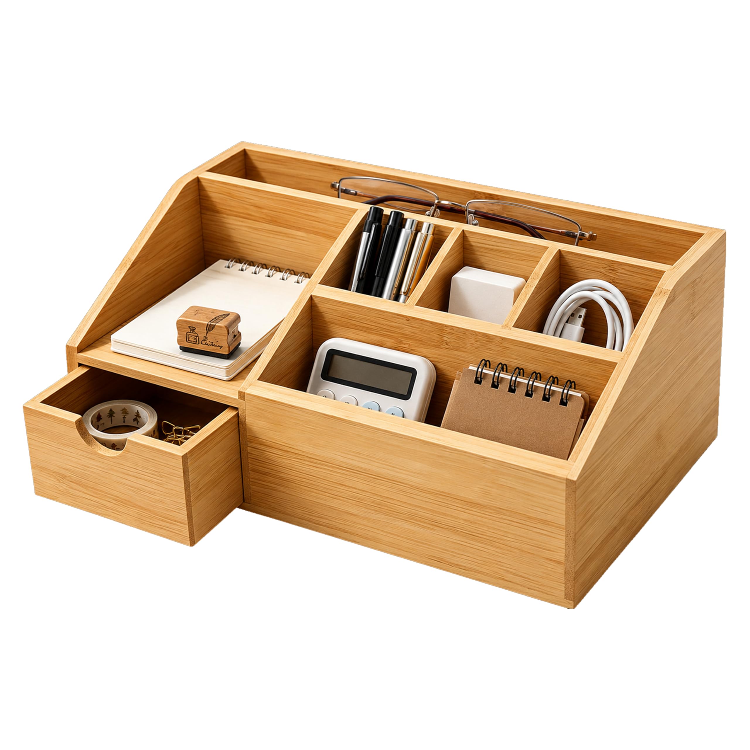 Organiseur de Bureau en Bambou avec Tiroir – Boîte à Crayons, Design Trapézoïdal, Rangement pour Home-Office, Couleur Naturel