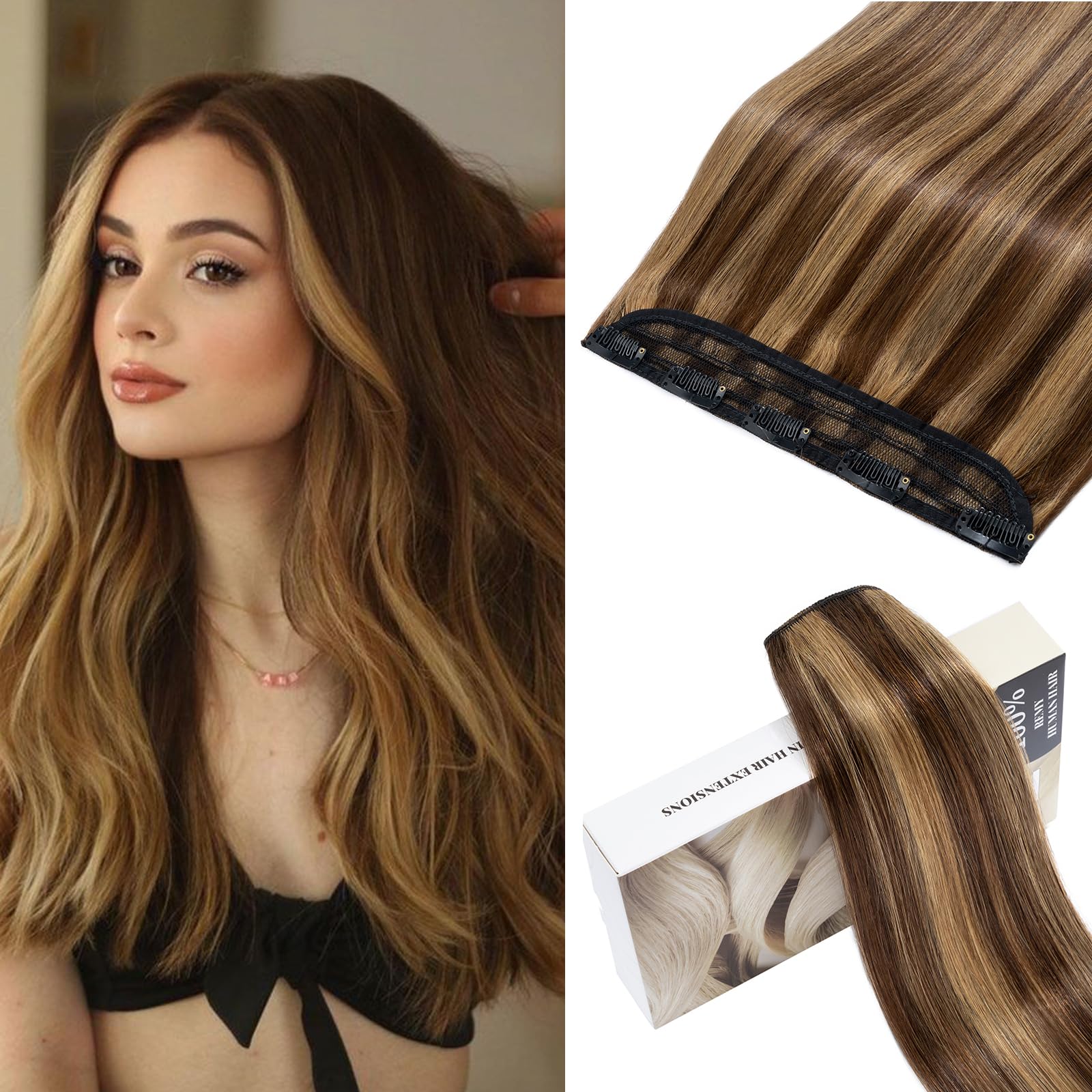 S-noilite Clip in Hair Extensions Human Hair Medium Brown/Dark Blonde - One Piece Hair Extensions Clip in Real Hair 16 Inch (45 g)