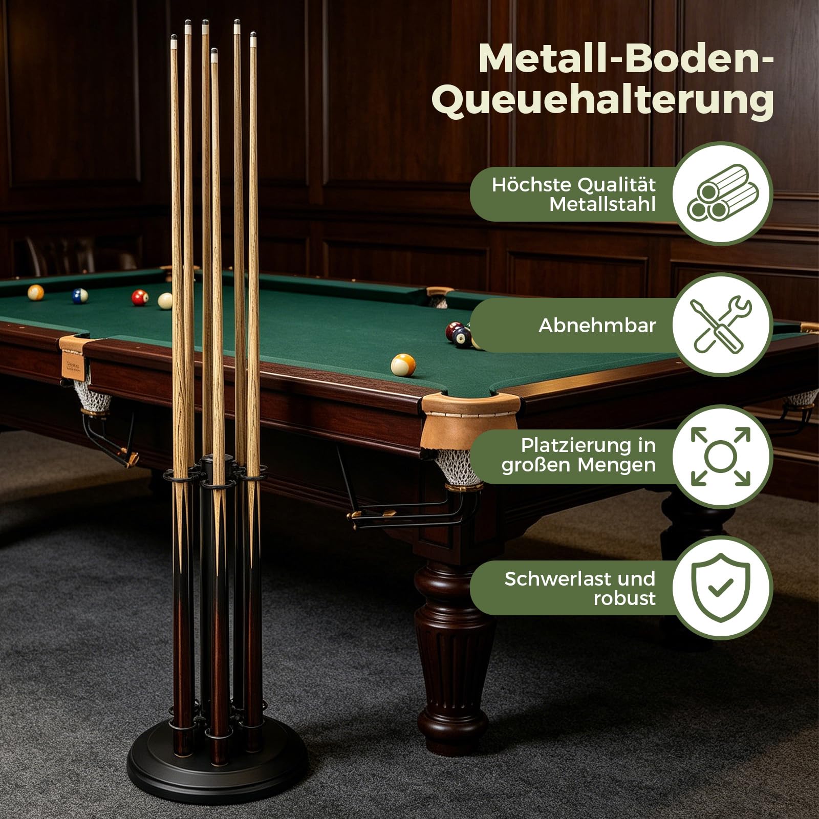 Billard Queue Halter, Billardqueue Halterung Pool Queueständer, 6-loch | Freistehender Metall Poolqueuehalter zur Aufbewahrung von Billardqueues, für Billardzimmer, Bars & Club