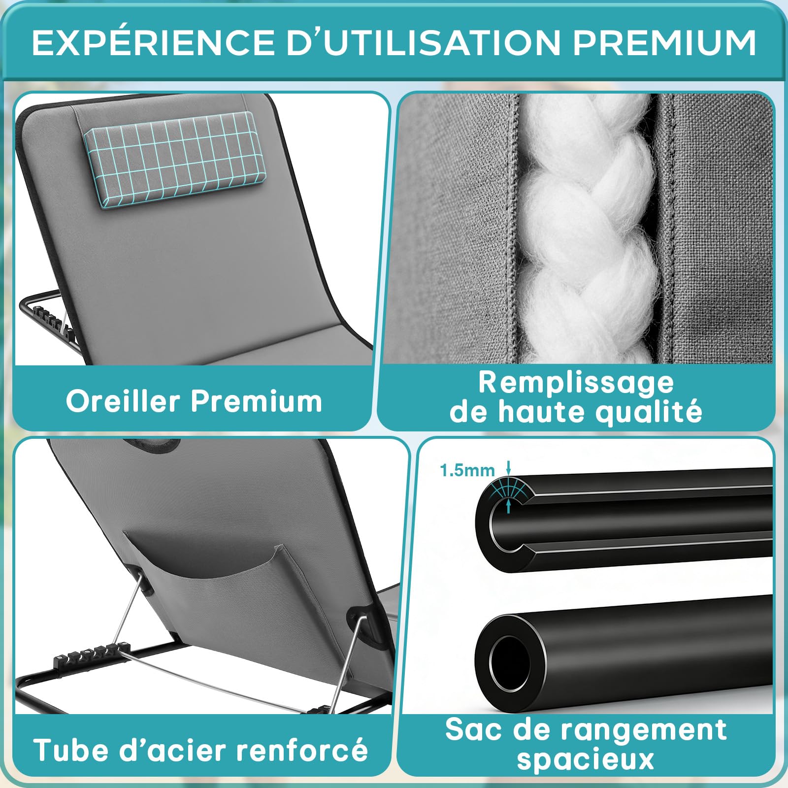 Transat de Plage Dossier Réglable, Matelas de Plage avec 5 Positions avec Coussin, Poche de Rangement, Bain de Soleil Pliable pour la Plage Jardin Piscine Camping Voyages Bronzer (Gris)
