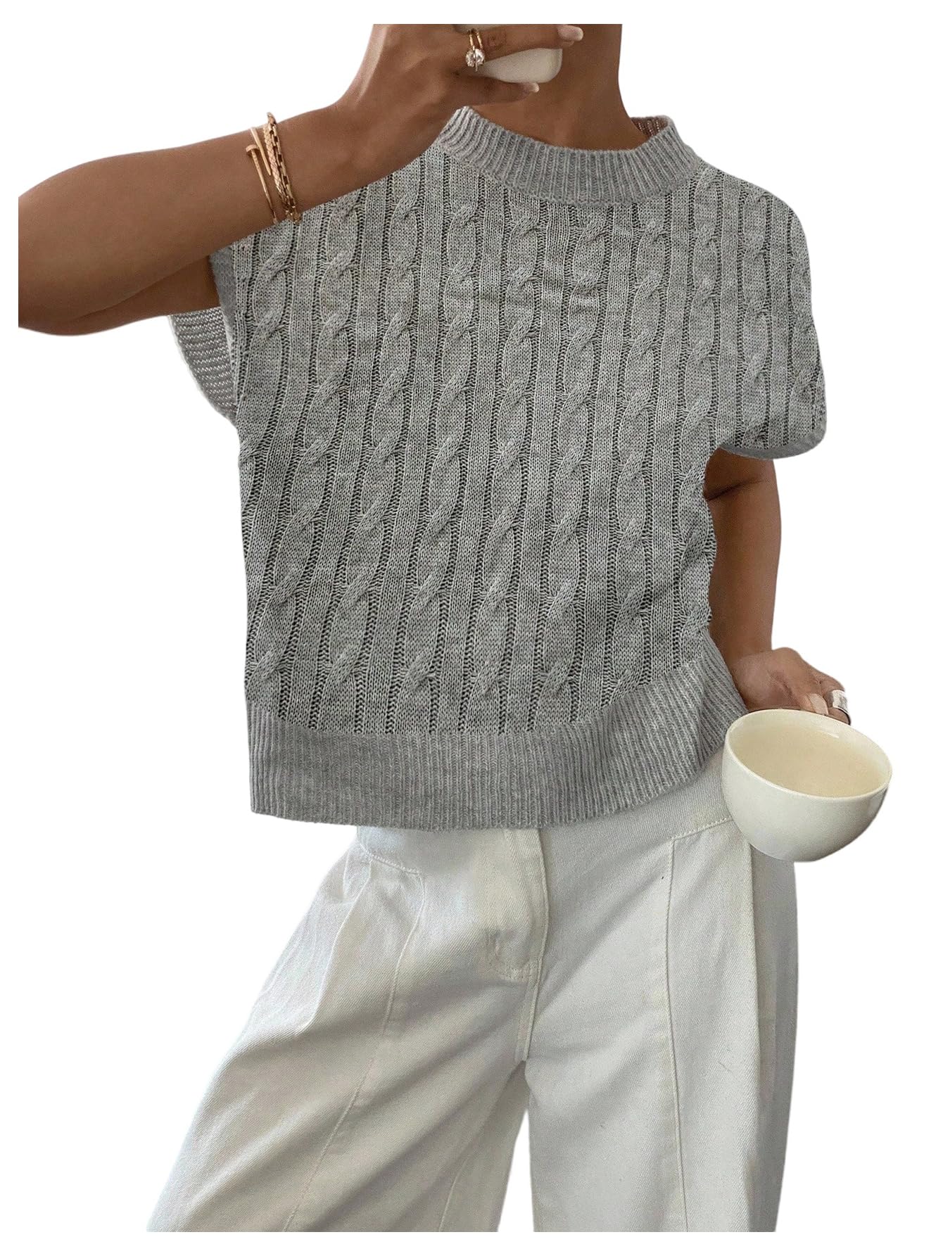 SOLY HUX Womens Short Sleeve Sweater 3D Floral Sweaters Pullover Tank Tops Knit Vest Trendy Fashion Clothing Grey