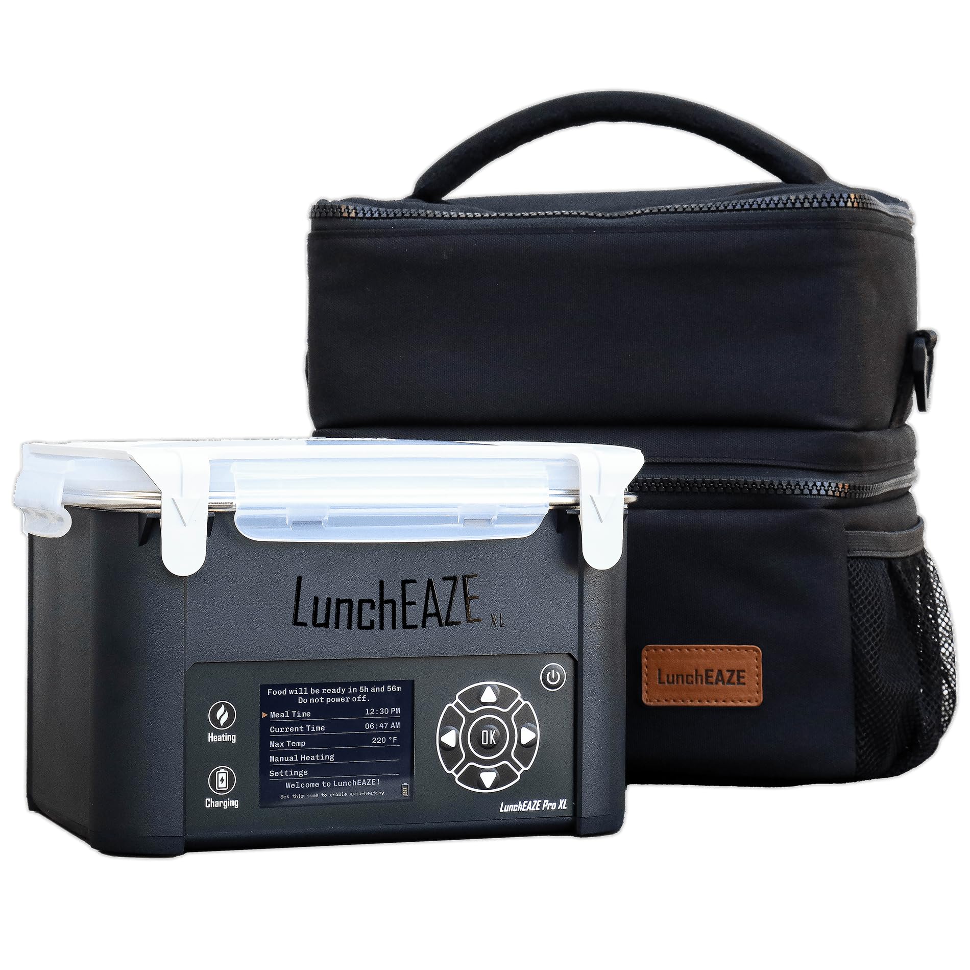 LunchEAZE XL Cordless Heated & Electric Lunch Box – Battery-Powered, 6-Cup Capacity, 220°F, Automatic Scheduled Heating, Insulated Bag for Hot Meals Anywhere