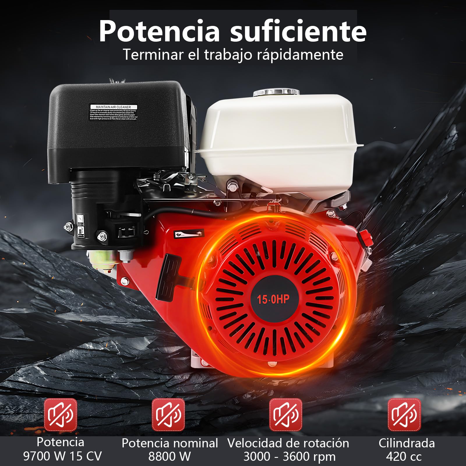 Motor de gasolina de 15 CV, 9,7 kW, motor de 4 tiempos con eje de 25 mm de diámetro, 420 CCM, motor de accionamiento estacionario, refrigeración por aire, gran capacidad del depósito de