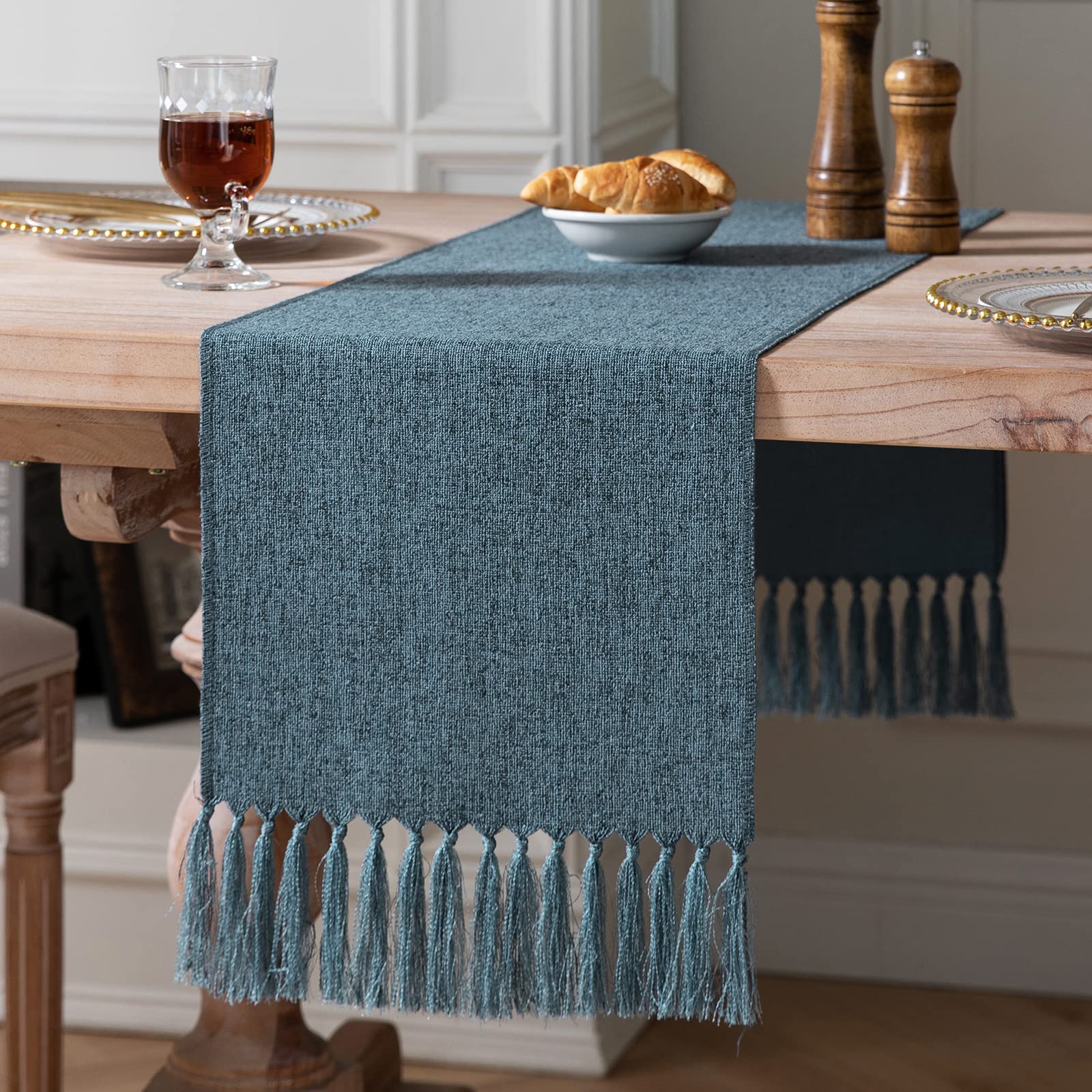 ZeeMart Camino de mesa azul de 90 pulgadas de largo, estilo rústico de lino de arpillera, camino de mesa de comedor largo bohemio, 13 x 90 pulgadas, azul