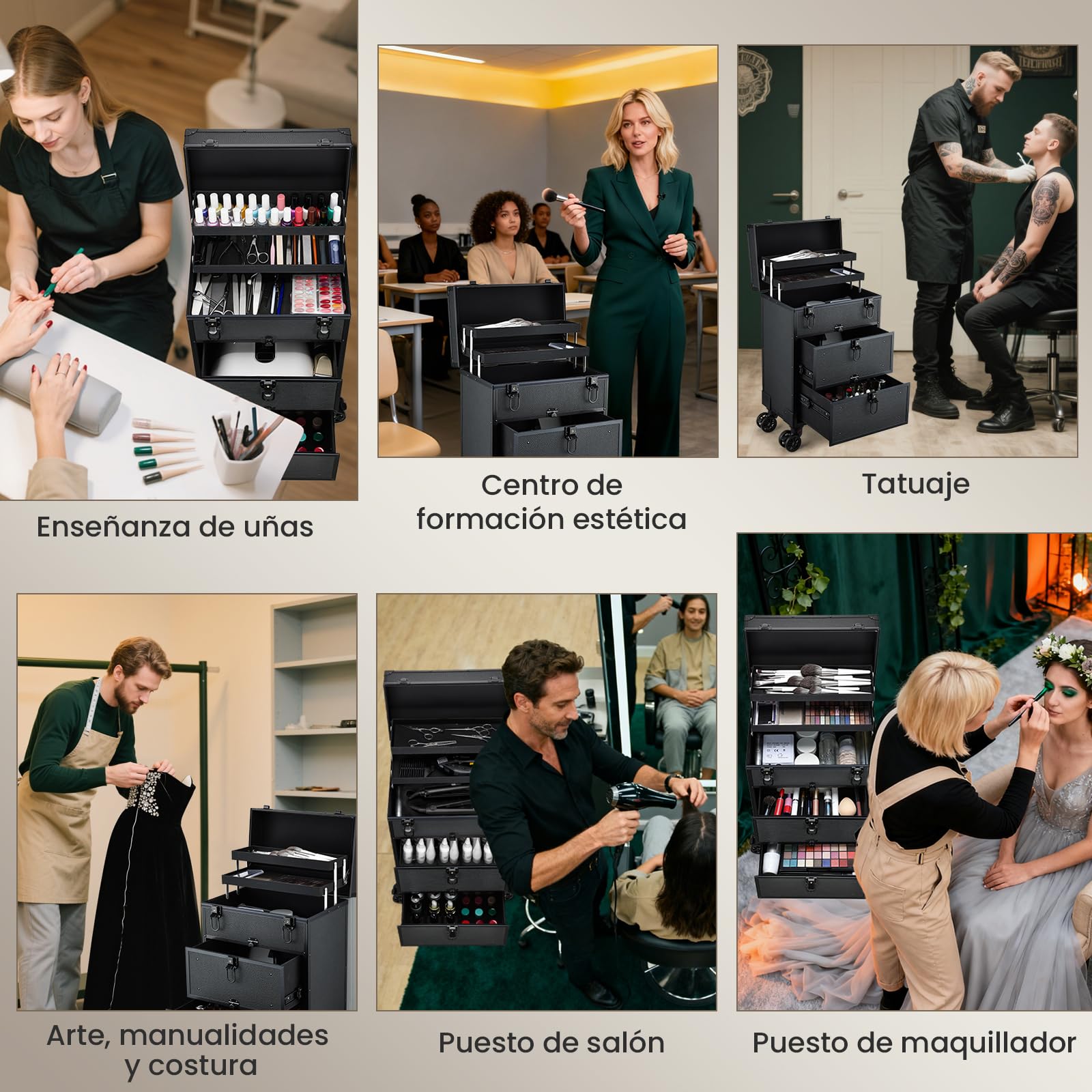 Maleta de Maquillaje, Maletín de Manicuría y Peluquería con Ruedas 360°, Mango Telescópico, 2 Bandejas y 2 Cajones, Impermeable, Negro
