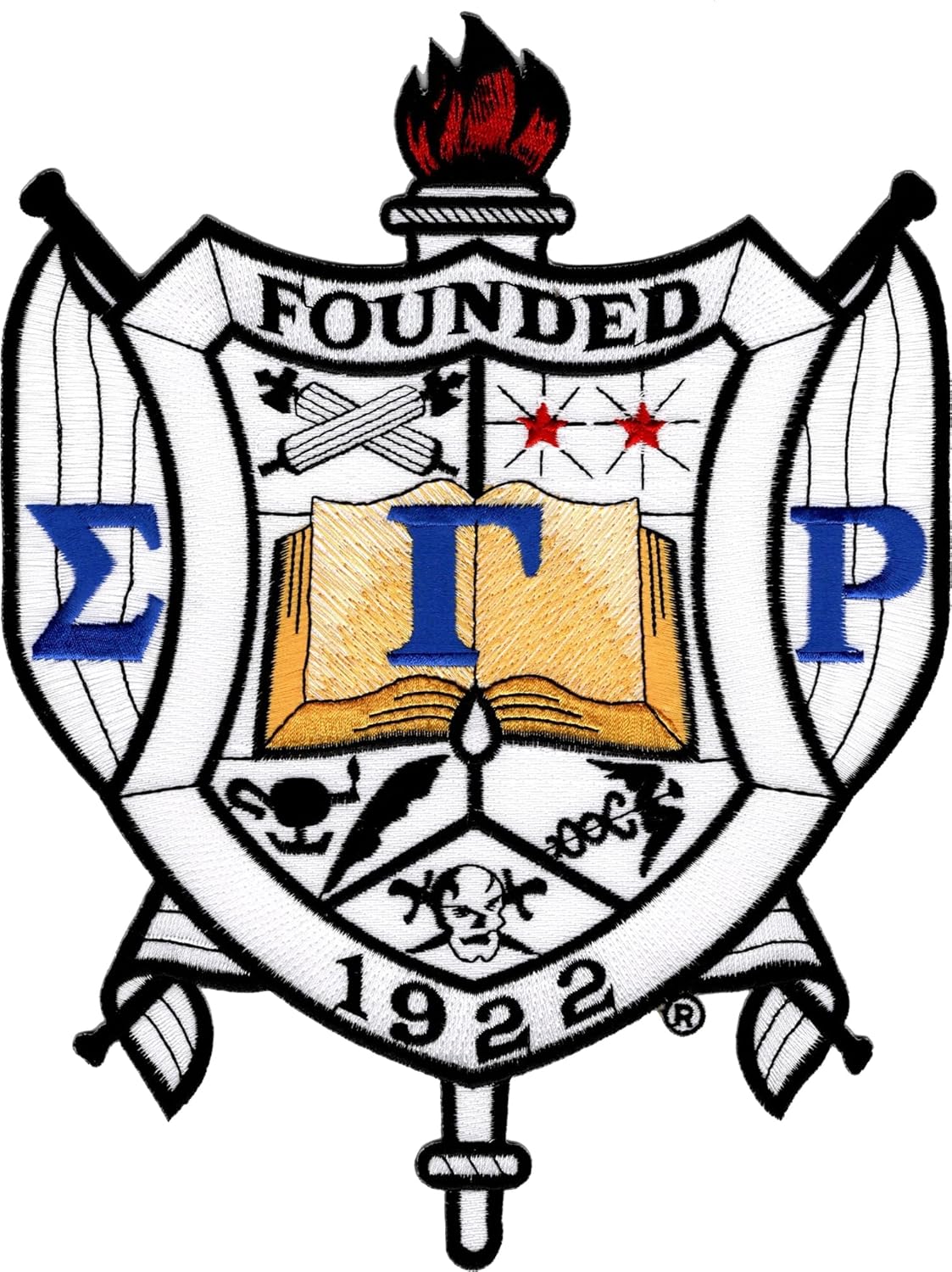 Sigma Gamma Rho Crest Embroidered Iron-On Patch [White/Blue/Gold - 10"] - ID#132963