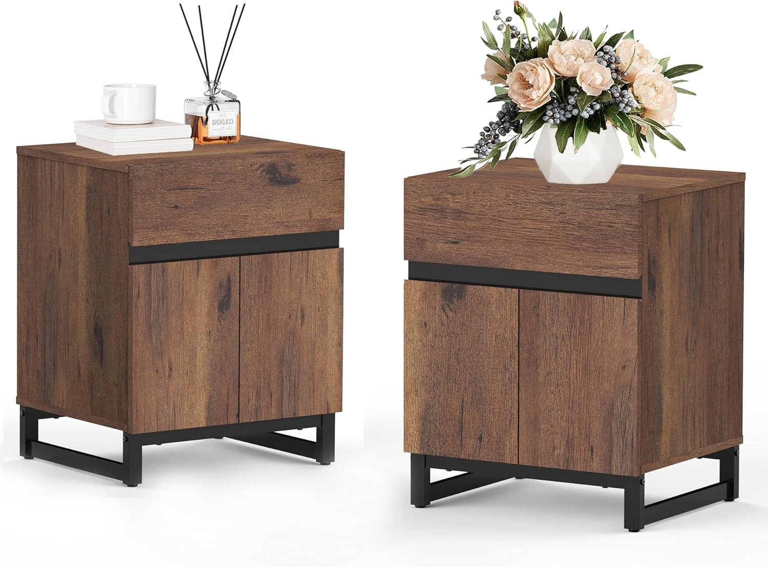 WAMPAT 2 Piece Modern End Table with 1 Drawer & 1 Storage Cabinet, Farmhouse Sofa Table, Wooden Rustic Side Sofa Table with Metal Leg for Living Room, Nighstand for Bedroom, Brown