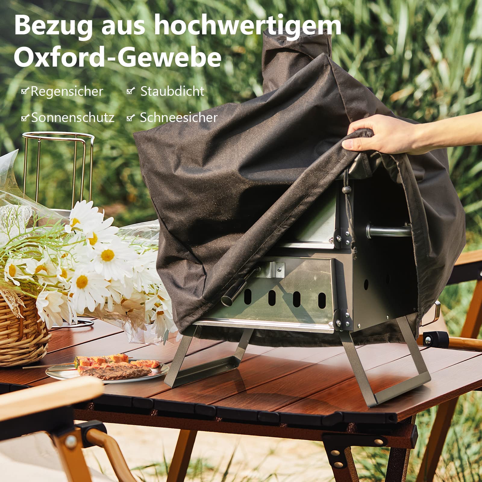 GYMAX Tragbarer Pizzaofen, Pizzabäcker mit klappbaren Beinen & Griffen, holzbefeuerter Pizzagrill mit 2-stöckigem Design & verstellbaren Belüftungsöffnungen, Holzbackofen mit Pizzastein