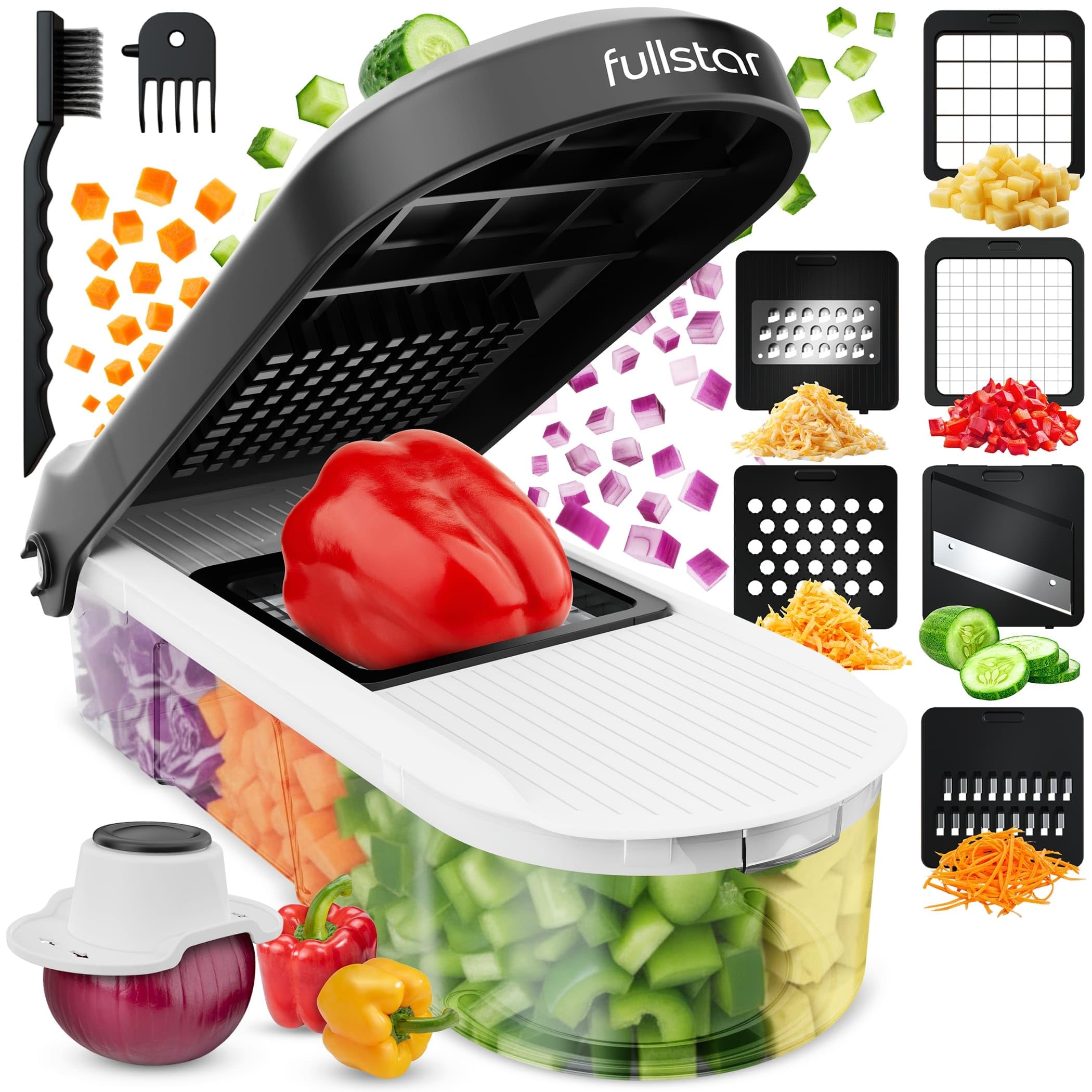 Fullstar Vegetable Chopper, Cheese Slicer, Food Chopper, Vegetable Chopper, Onion Chopper, Vegetable Chopper with Container, Mandolin Slicer & Cheese Grater (6 in 1 - White)