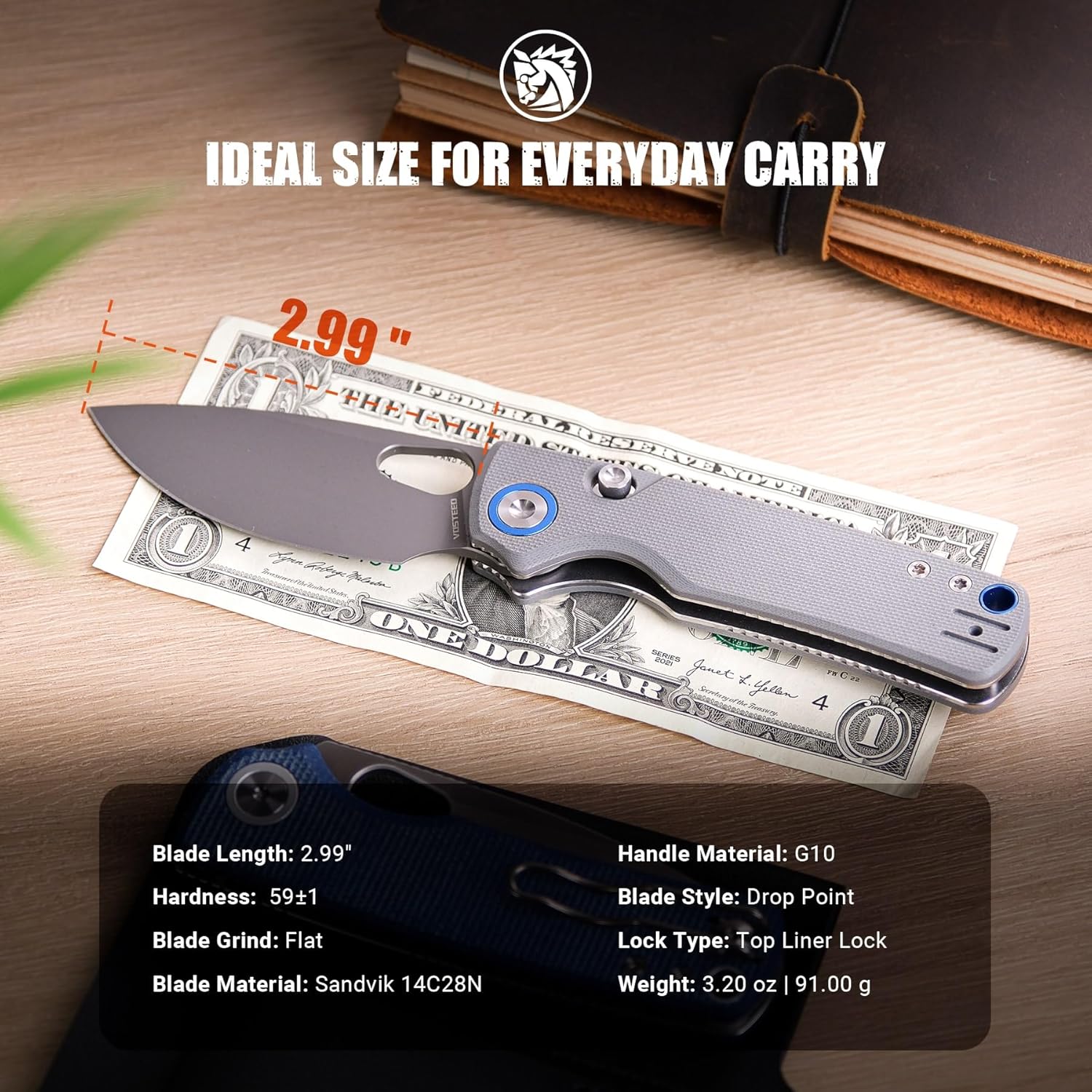 Vosteed Porcupine EDC Knife, 2.99" Sandvik 14C28N Steel Blade, Gray G10 Handle Top Liner Lock, Lightweight Folding Pocket Knives with Clip, Outdoor Camping Hunting Knife - A2607