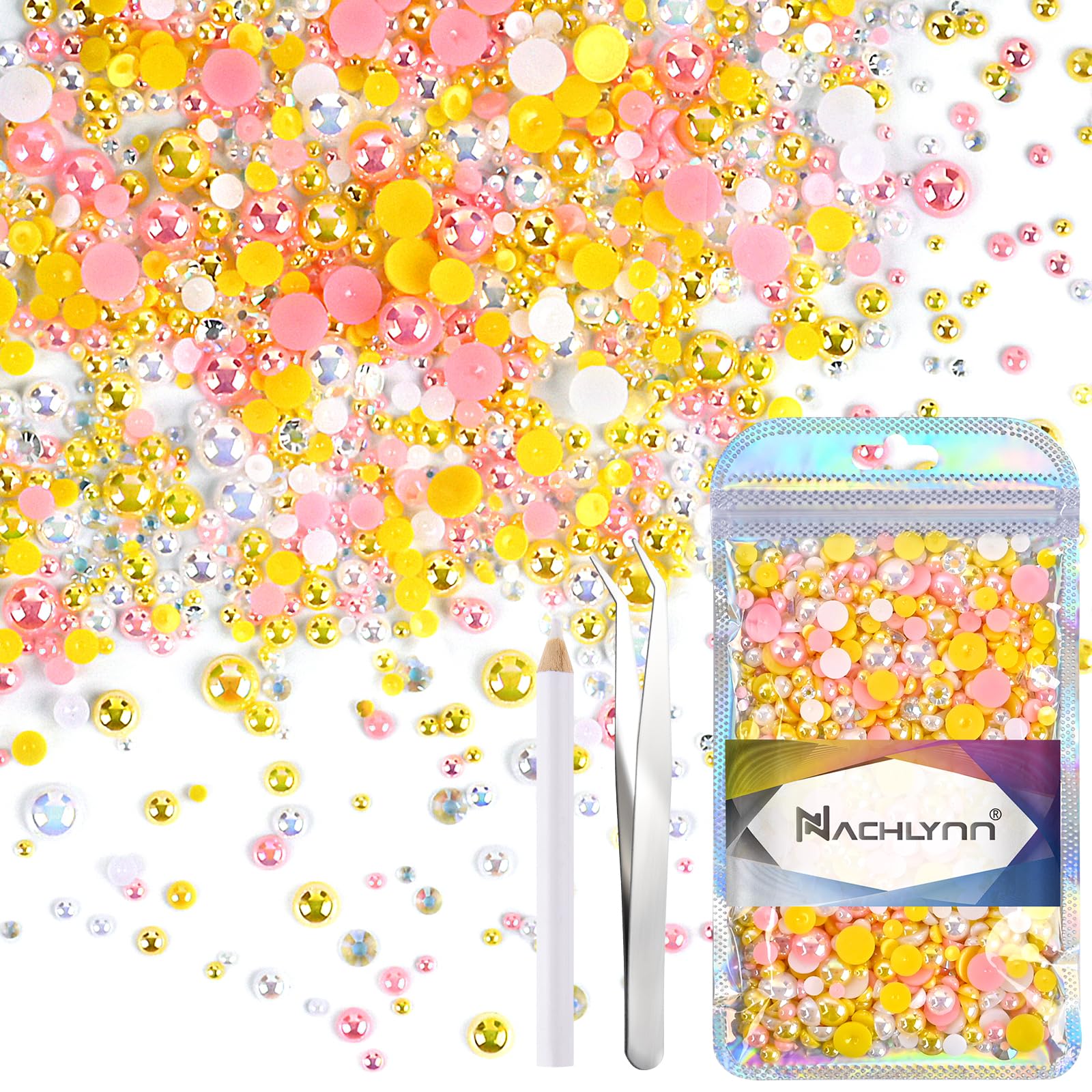 NACHLYNN 60g Mix Pearls and Rhinestones for Crafts Flatback Rhinestones Half Round Mixed Size 3mm-10mm Flatback Pearls for Crafts DIY Nail Art Shoes Clothes Tumblers Mugs (Pink Yellow)