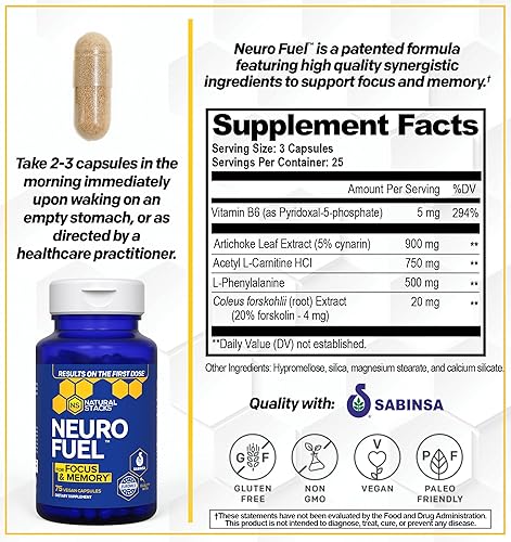 Miniatura 5 de NATURAL STACKS Lions Mane Mushroom + NeuroFuel - Paquete de suplemento nootrópico - Apoya la memoria, la concentración y el aprendizaje - 135
