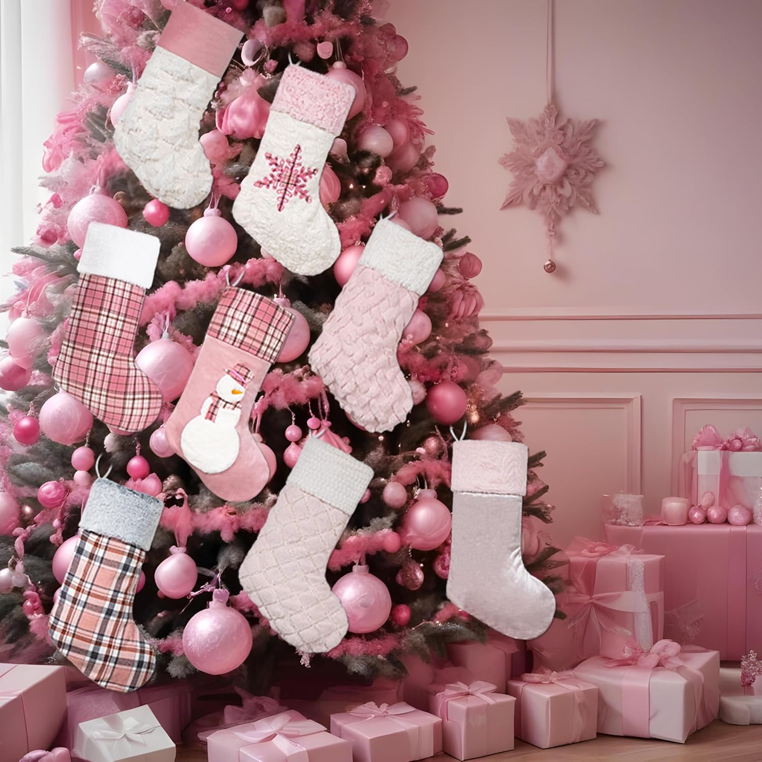 GEX Pink Plush Christmas Stockings for Family 20" Large Pink Plaid Xmas Stockings Classic Fireplace Decorations Hanging Ornament (6 Pack) - Image 6