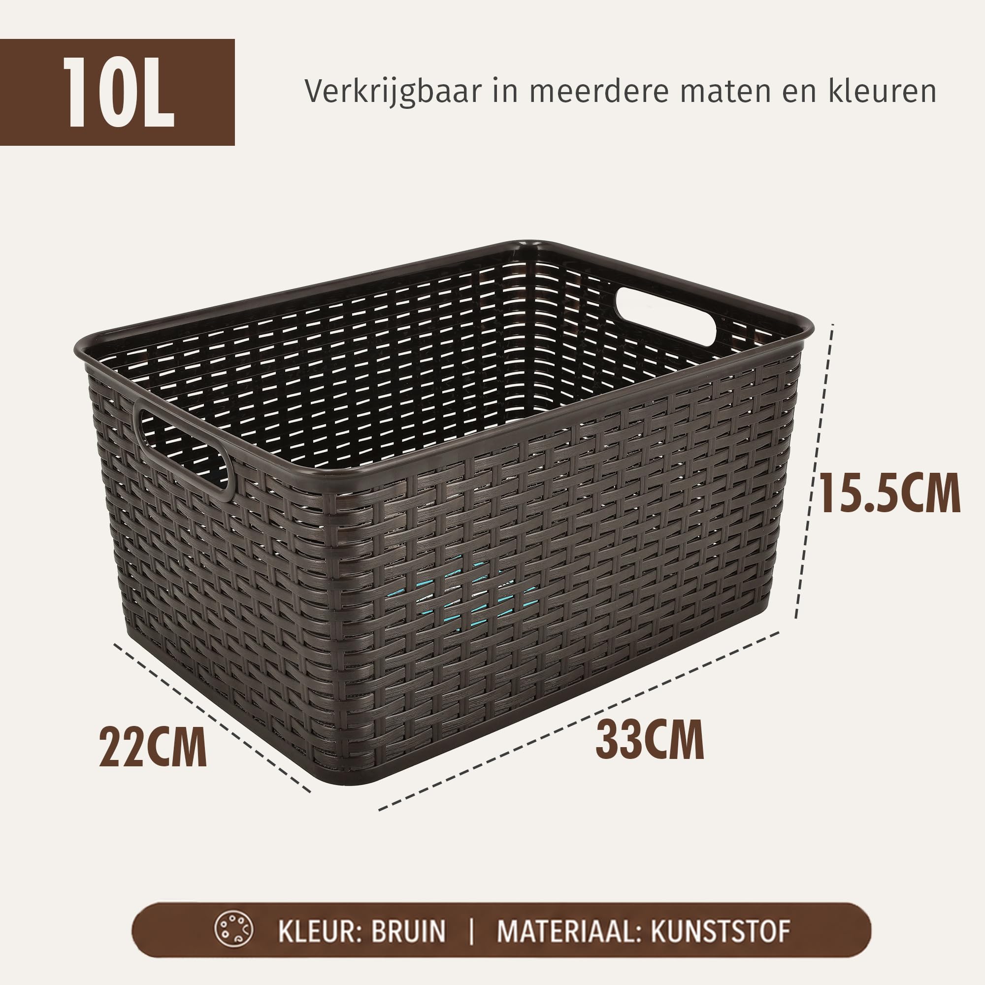 Cesta de almacenamiento 10L Set – Caja de almacenamiento de plástico – Cestas Caja de almacenamiento de caña – Armario, Armario de Cocina y Armario Organizador - 33x22x15,5 cm - Marrón