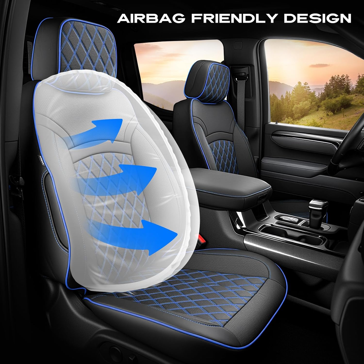 TAPTES Car Seat Covers Custom Fit for Chevy Silverado & for GMC Sierra 1500 with Rear Seat Storage Box 2025 2024 2023 2022 2021 2020 2019, Full Set Leather Waterproof Trucks Pickup (Black & Blue)