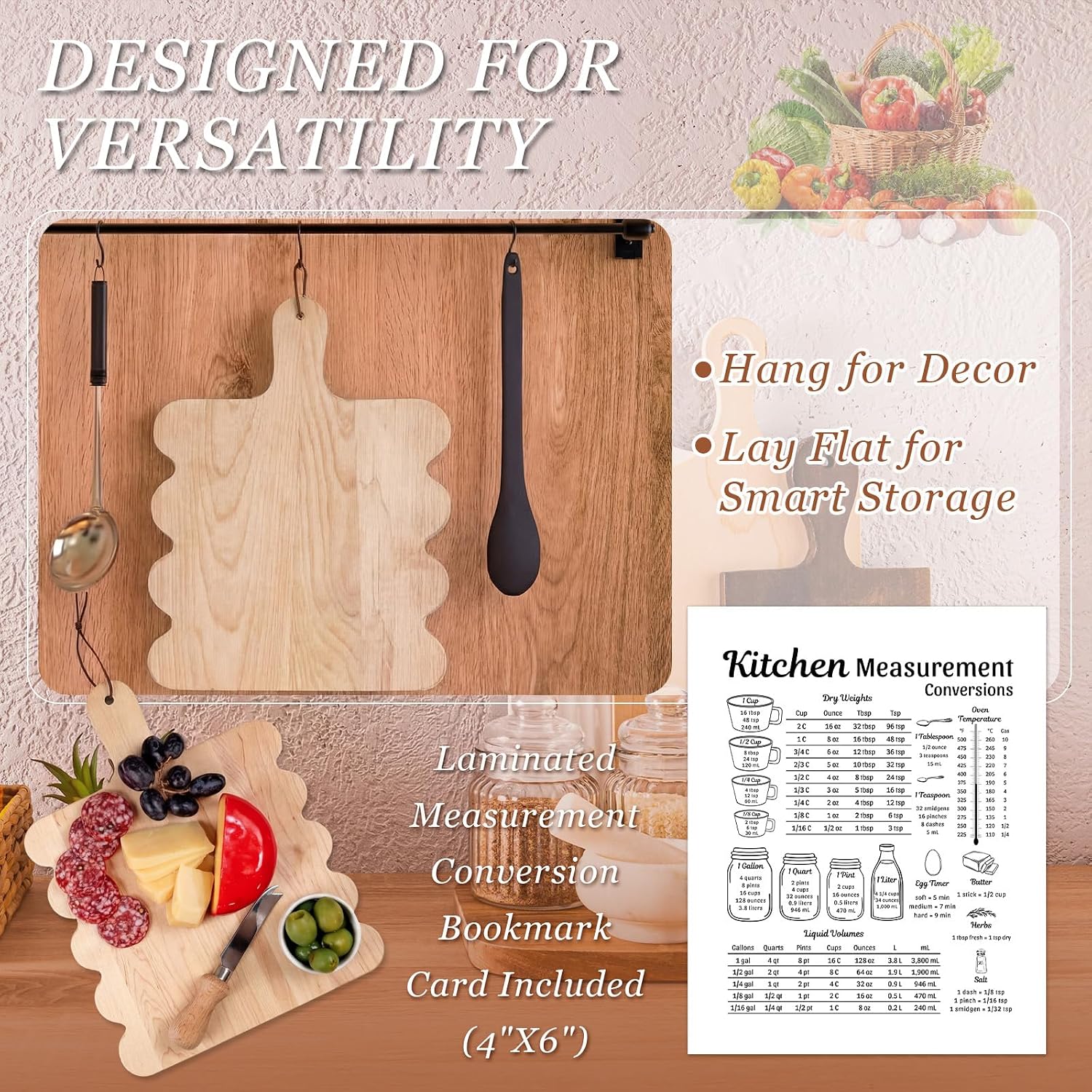 Novabright Scalloped Wooden Cookbook Stand with Removable Cutting Board and Kitchen Conversion Chart for Kitchen Counter, Large Wooden Stand for Cookbooks, Tablets