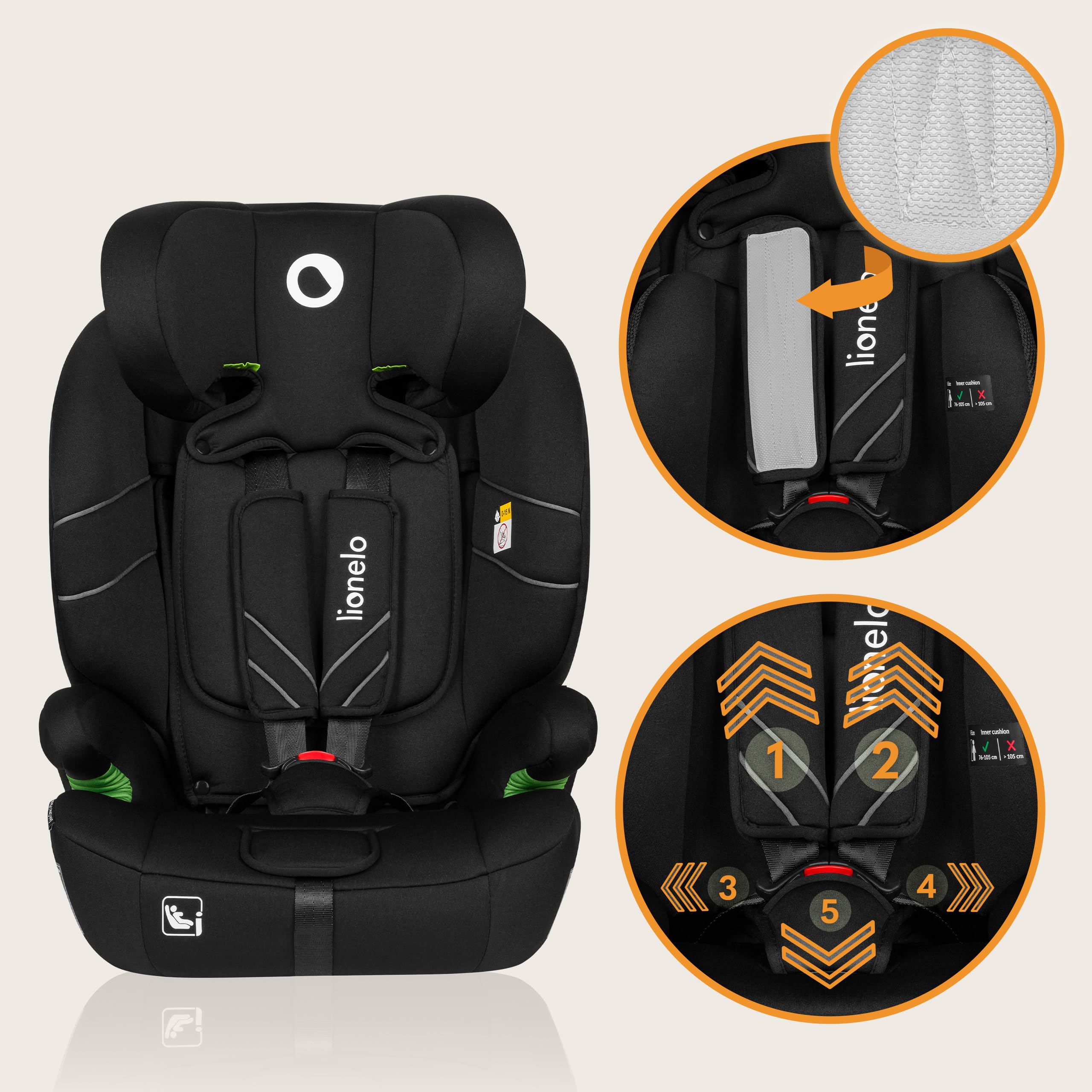 LIONELO LEVI I-SIZE Seggiolino auto per bambini 76-150 cm con l'ultima Norma i-Size R129 Protezione laterale, 10 Livelli di regolazione del poggiatesta, Schienale staccabile