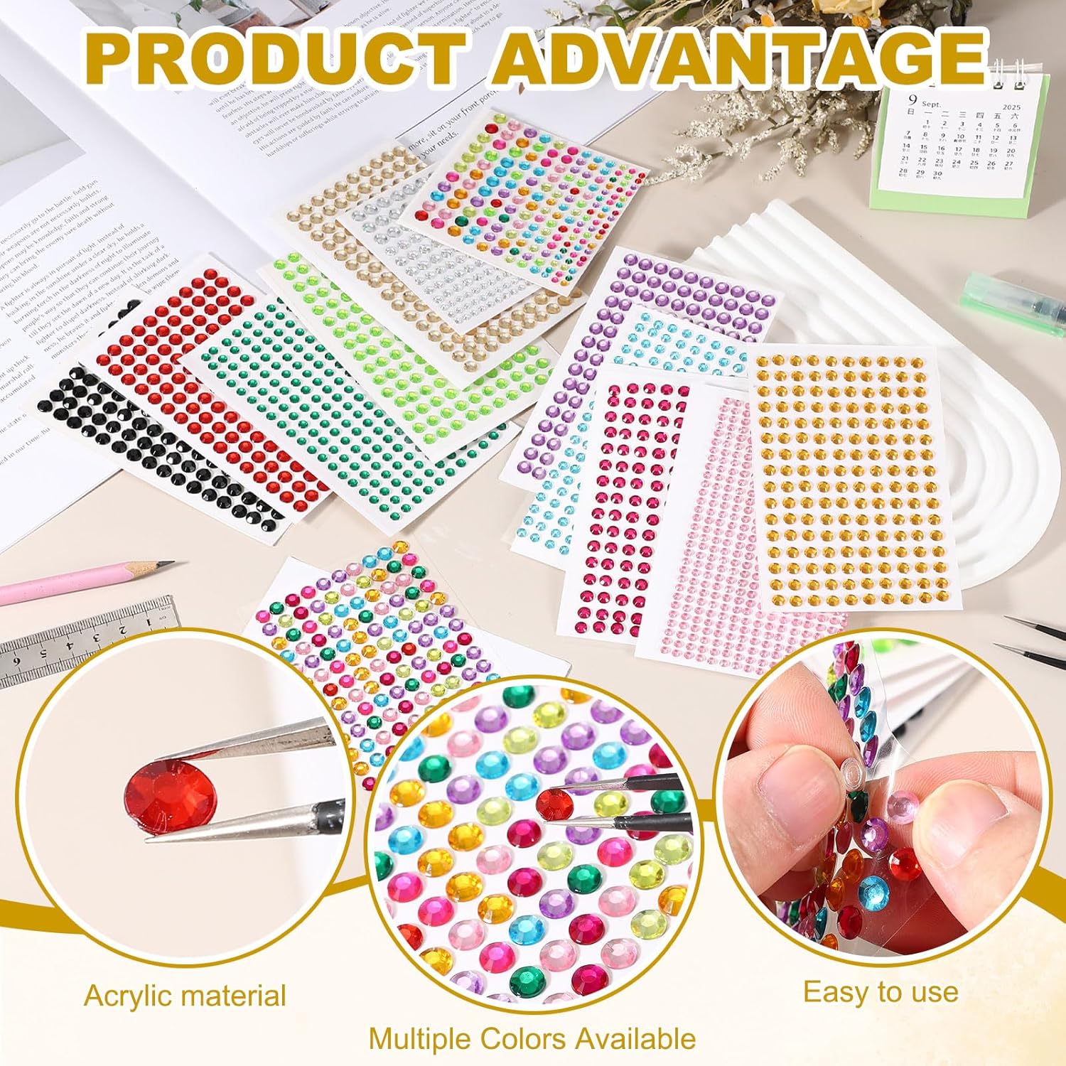 HARFINGTON 5 Sheet/2250pcs Rhinestone Adhesive Stickers Self Adhesive Acrylic Gem Sticker 3mm Plastic Face Bling Gem Stones Jewel for Nail Art Craft Clothes DIY Makeup Decoration, Dark Green - Image 4