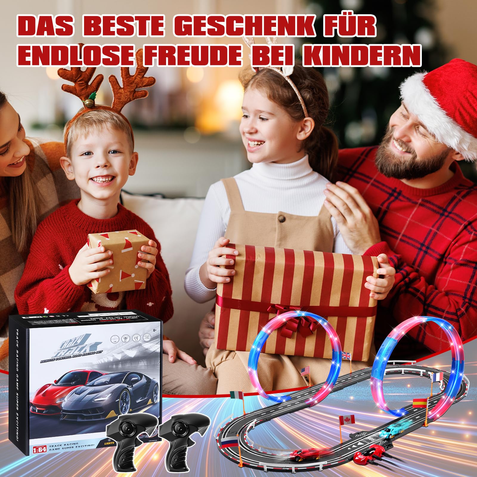 Elektrische Rennbahn Kinder, Autorennbahn Beleuchtete Elektrische Rennstrecke 1:64 Autobahn - 4 LED Auto, Rundenzähler, 360°-Looping, Rennstrecke Auto Spielzeug für Kinder 3 6-12 Jahre (S)