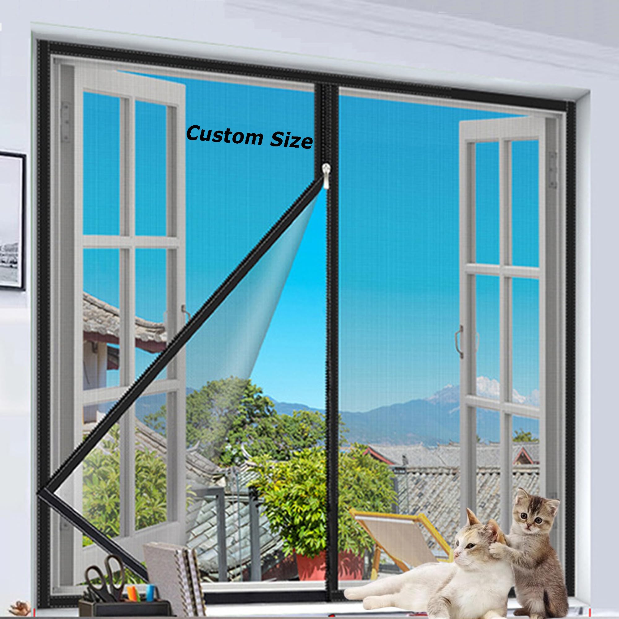 Custom Size Indoor Cat Safety Netting, Strong Self-Adhesive Balcony Patio Kitchen Window Mesh Net with Zipper, Flat Window Nets to Keep Bug Mosquito Out
