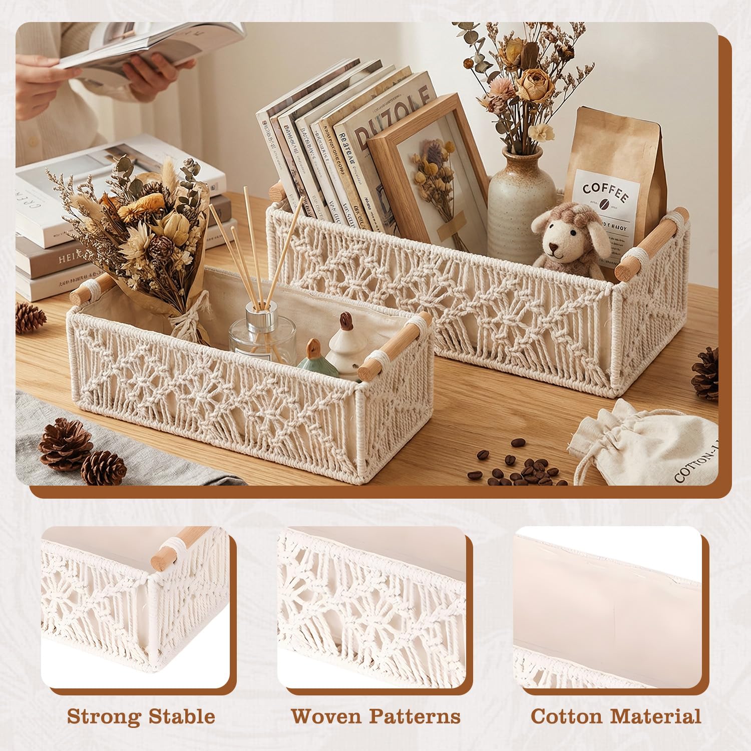 Cestini Portaoggetti In Macramè Set Di 4, Cestini Intrecciati Stile Boho | Manici In Legno E Rivestimento In Tessuto, Contenitori Decorativi Per Bagno Camera Armadio Casa