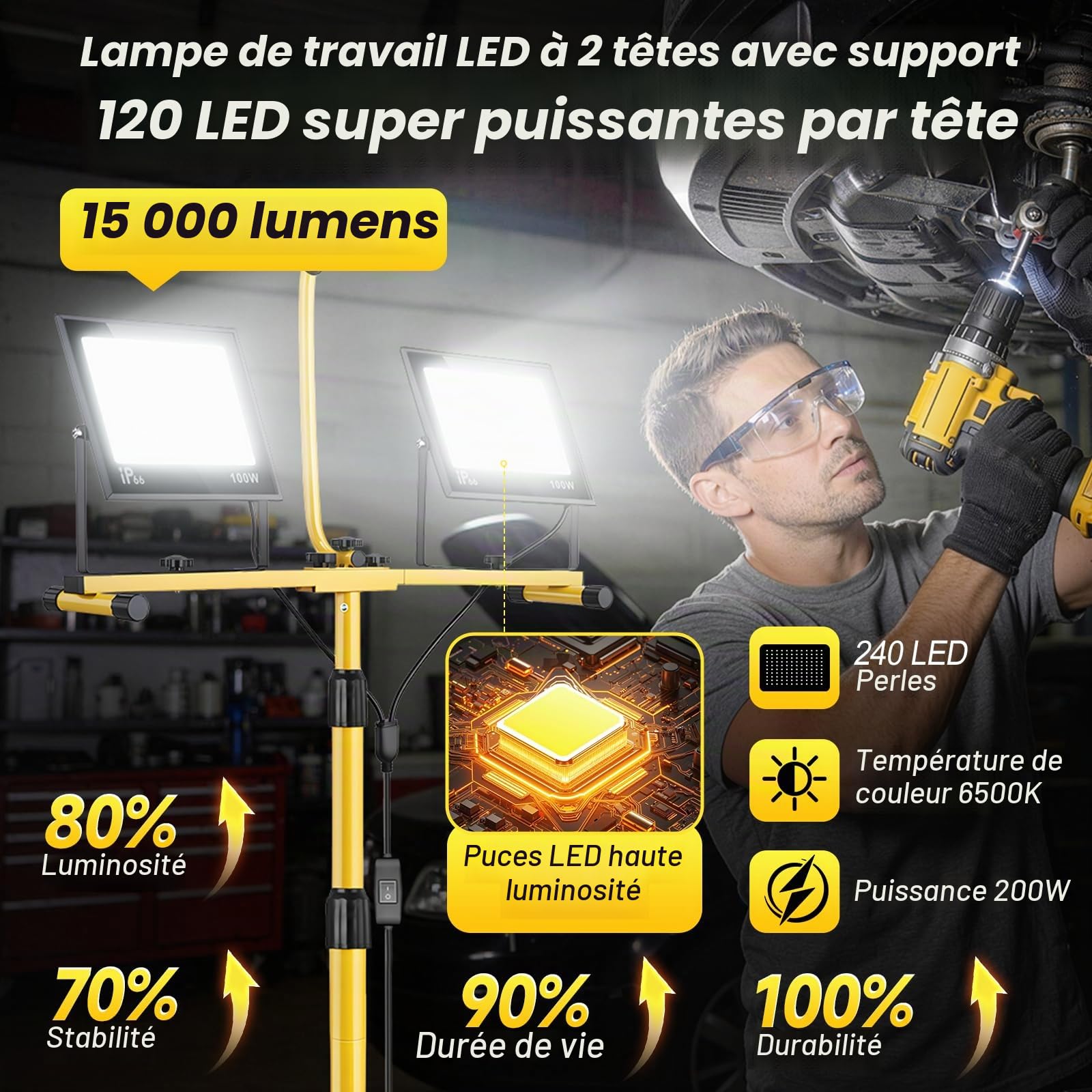 Projecteur de Chantier LED sur Trépieds, 200W 15000LM Lampe Chantier, Pivotante à 360° | Étanche IP66 | Câble 3M | Réglable en Hauteur de 65 à 160 cm pour Atelier, Chantier, Garage