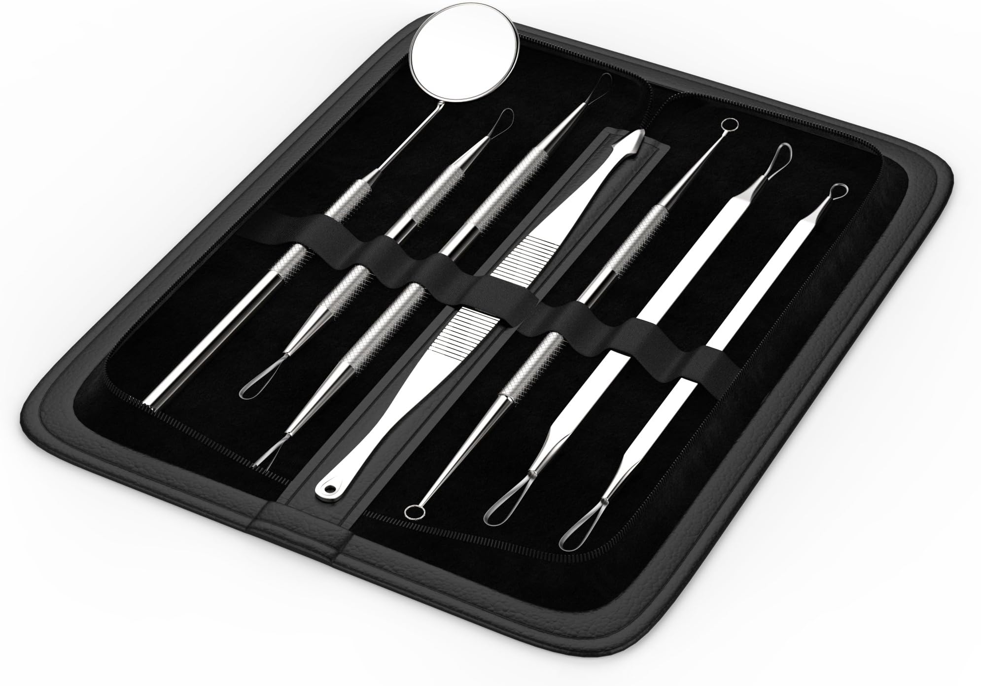 anbina® 7in1 blackhead-remover tweezers blackhead set comedone extractor, incl. mirror + storage bag in black