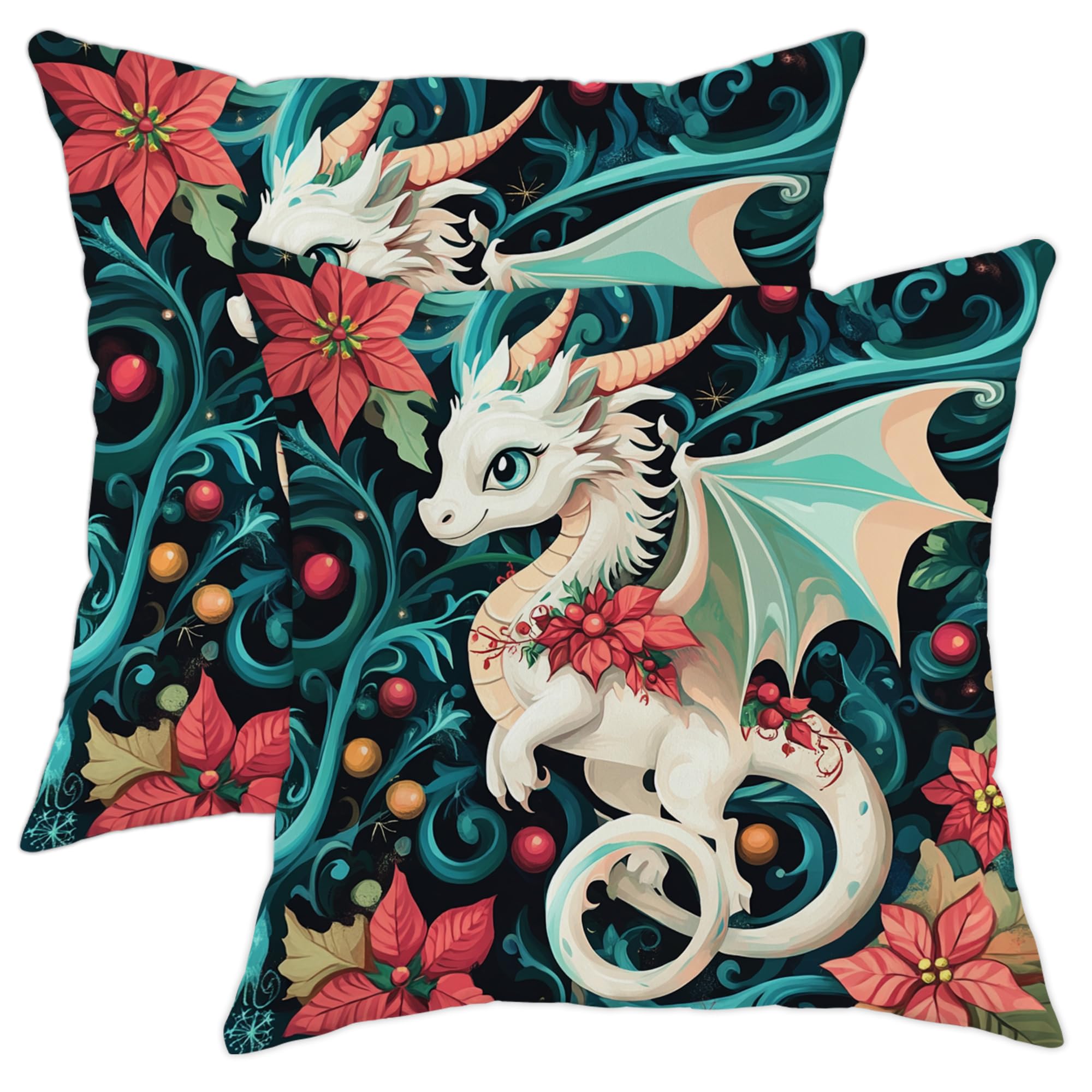 Holiday Pillow Covers Set of 2, White Winter Dragon Floral Throw Pillow Cases, Christmas Decorative Square Cushion Covers for Home Sofa Bed Couch 18x18 Inch