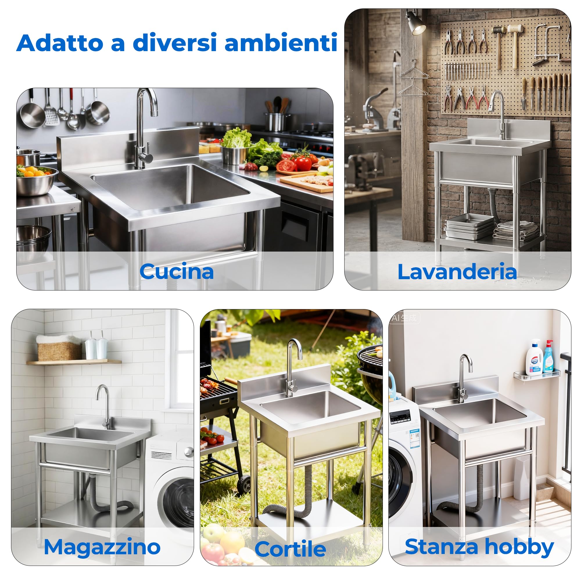Lavandino da Esterno in Acciaio Inox 50 x 50 x 80 cm, Lavello Autoportante