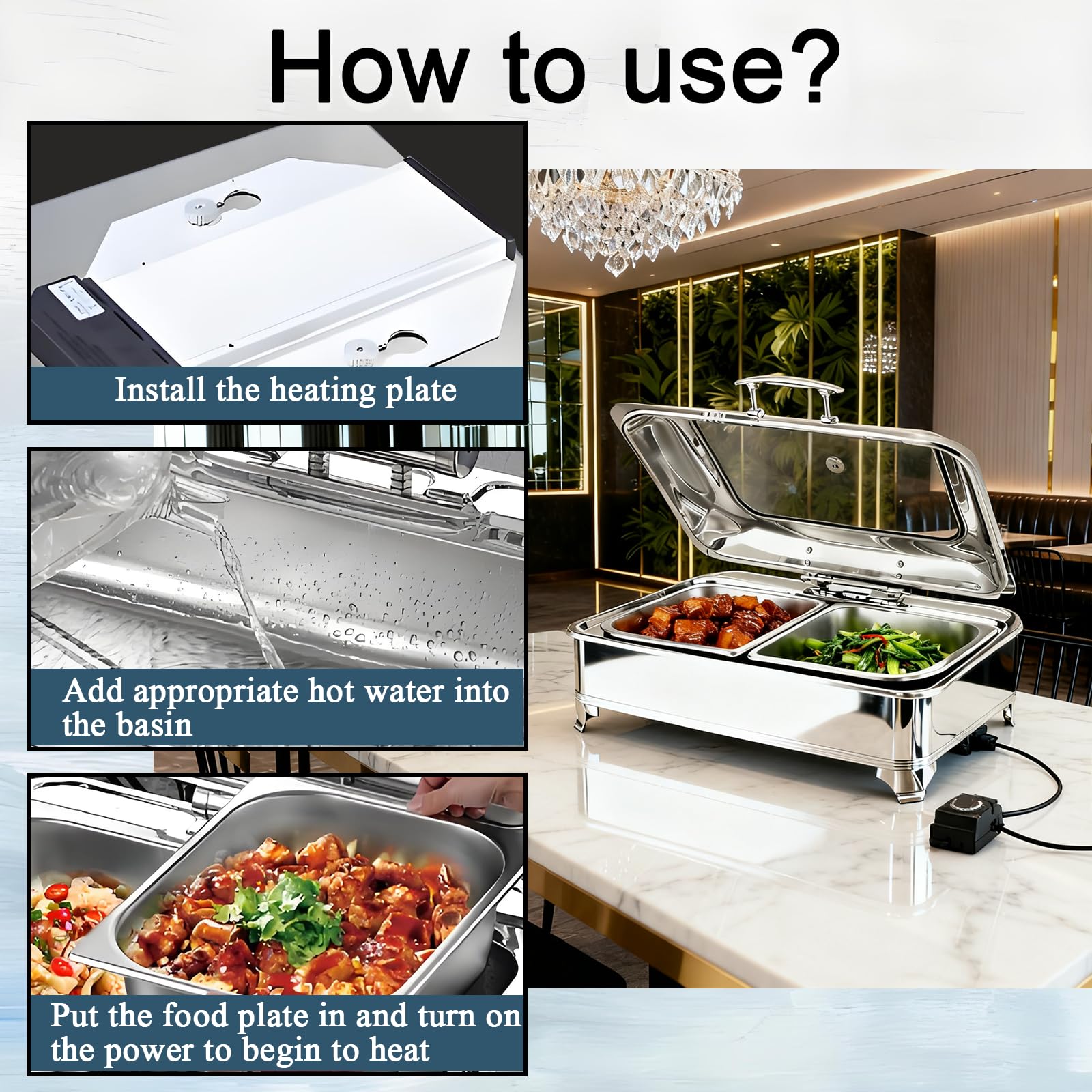 Chafing Dish Elettrico Temperatura Regolabile, 9L, 400W(1/3 Pan) | Scaldavivande Elettrico Buffet Professional in Acciaio Inox, Contenitore Scalda Cibo per Buffet, Ristoranti, Hotel