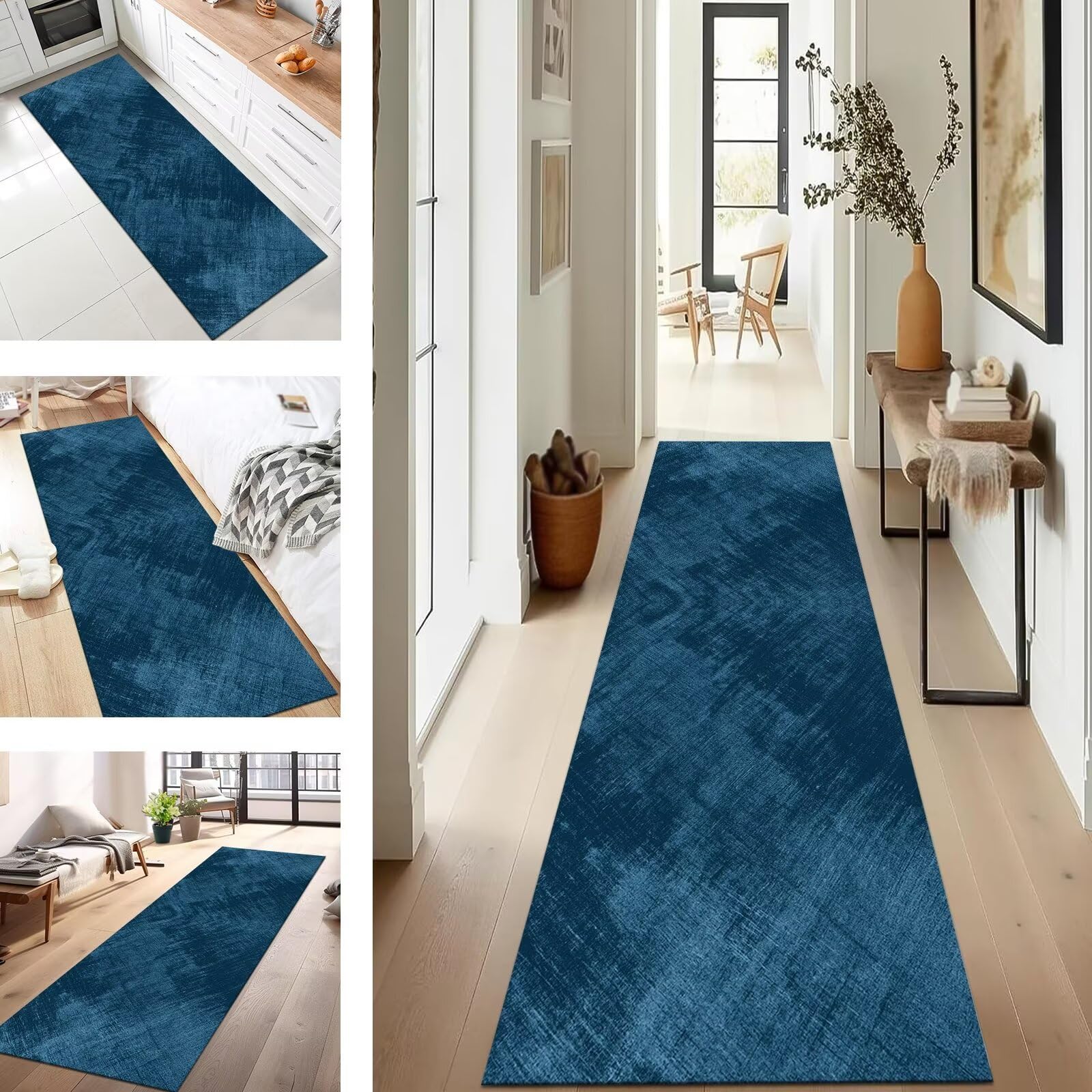 Tapis de couloir anti-tache et antidérapant bleu 120x500 cm pour entrée sans glissade