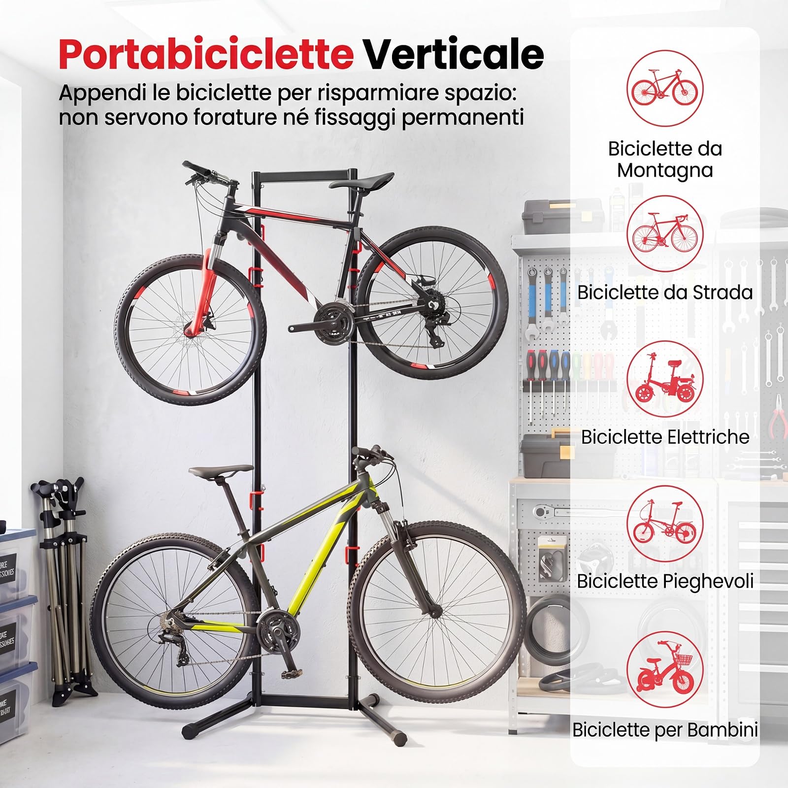 COSTWAY Portabici Verticale a 4 Posti, con 8 Ganci Regolabili e Rimovibili